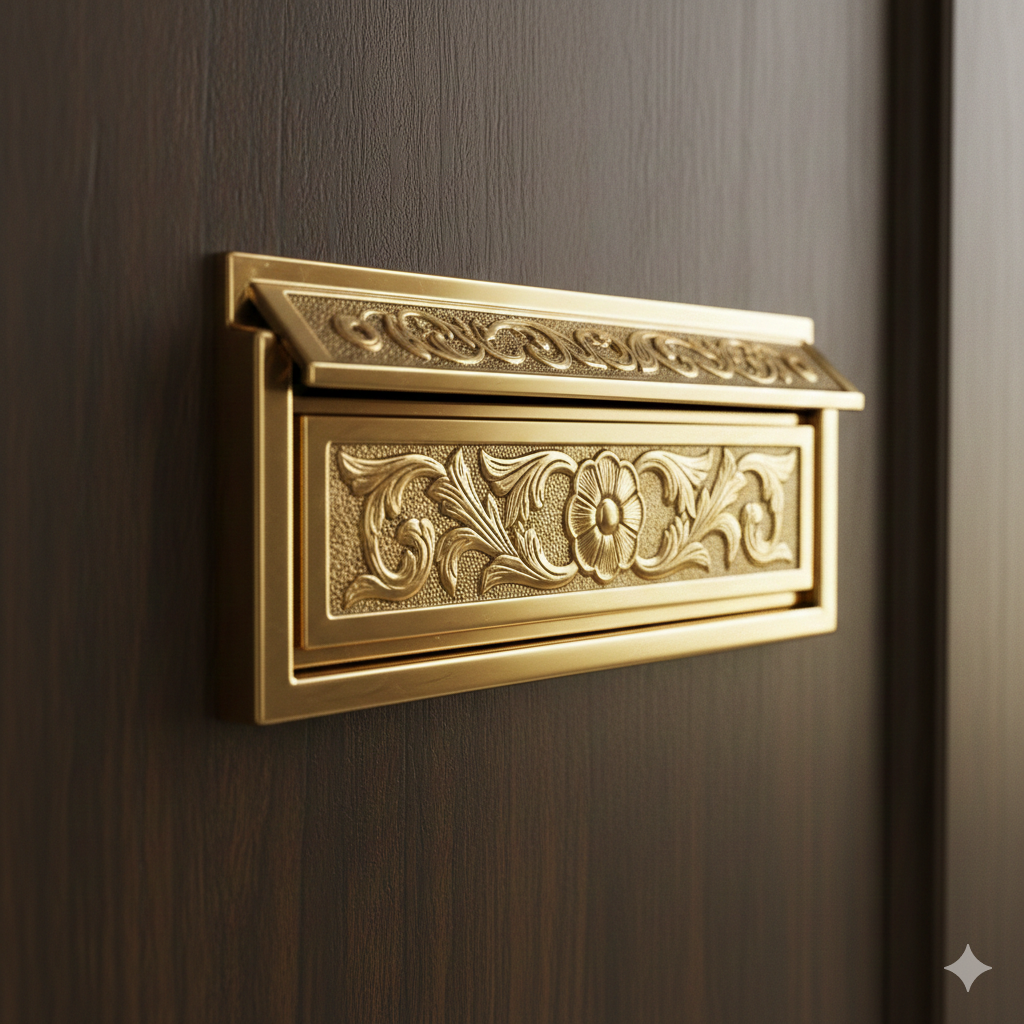 Một bức ảnh cận cảnh, lấy góc nghiêng sang trọng của một 'mail slot on the door' (khe nhét thư cửa) bằng đồng thau cao cấp, lắp đặt trên một cánh cửa gỗ sồi tự nhiên màu nâu đậm hoặc đen. Khe nhét thư có thiết kế cổ điển hoặc tân cổ điển, nắp đậy mặt ngoài có chạm khắc tinh xảo và lớp hoàn thiện bóng loáng. Ánh sáng vàng ấm chiếu nhẹ, tạo điểm nhấn lấp lánh cho vật liệu đồng, thể hiện sự sang trọng và bảo mật. Hình ảnh tập trung làm nổi bật chất lượng vật liệu và chi tiết thủ công. Phong cách ảnh: Tinh tế, sang trọng, tập trung vào chất lượng.