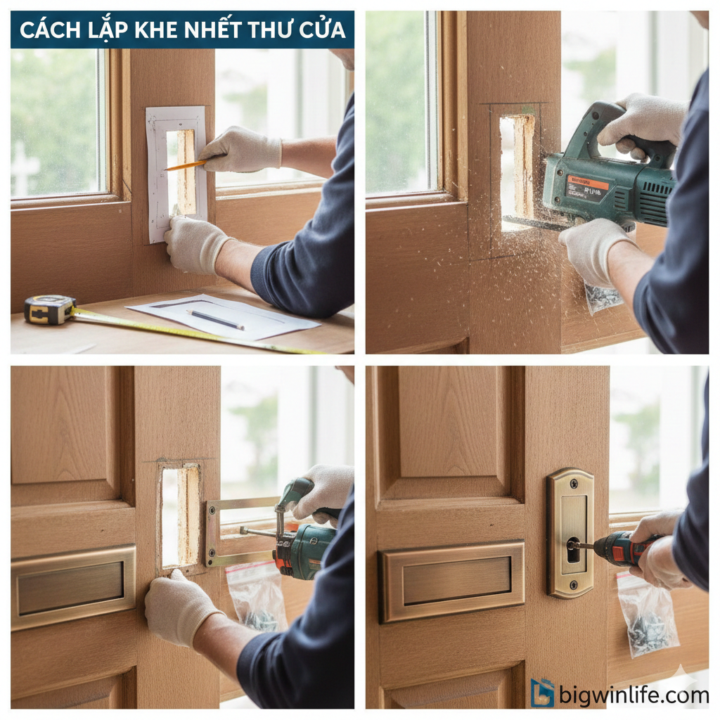 Một chuỗi ảnh ghép (collage) theo phong cách hướng dẫn từng bước cơ bản về 'cách lắp khe nhét thư cửa' trên cửa gỗ. Bức ảnh đầu tiên thể hiện việc đo đạc và đánh dấu bằng template; bức thứ hai là khoét lỗ trên cửa gỗ bằng dụng cụ chuyên dụng (như cưa lọng); bức thứ ba là lắp đặt và siết chặt các bu lông cố định cho cả mặt ngoài và mặt trong của 'mail slot'. Màu sắc tươi sáng, ánh sáng tự nhiên, nhấn mạnh sự chuyên nghiệp và cẩn thận khi lắp đặt. Phong cách: Hướng dẫn, trực quan, dễ hiểu.