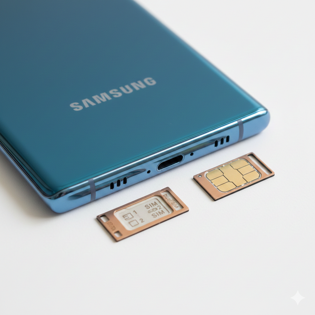 Ảnh bìa tập trung, rõ nét, chụp cận cảnh chi tiết khay SIM kép (Dual SIM) của Samsung Galaxy Note 9, đặt cạnh thân máy Note 9 màu xanh dương hoặc tím. Khay SIM phải được nhìn thấy rõ ràng với các biểu tượng khe cắm SIM/Thẻ nhớ. Bối cảnh studio sạch sẽ, ánh sáng tự nhiên. Phong cách chuyên nghiệp, kỹ thuật, tập trung vào chi tiết sản phẩm. Màu sắc khay SIM (Đen hoặc Đồng) nổi bật trên nền máy, nhấn mạnh sự chính hãng và độ vừa vặn.