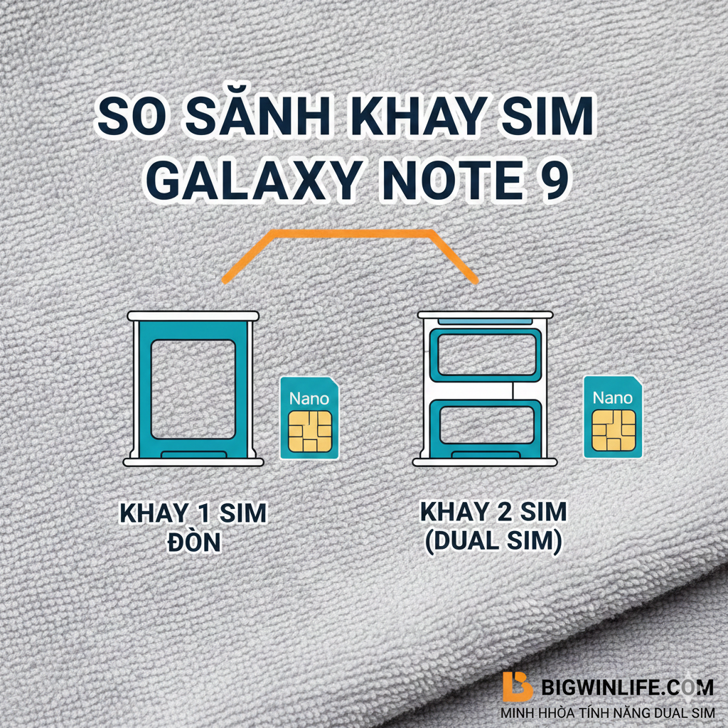 Hình ảnh so sánh trực quan giữa khay SIM đơn (1 SIM) và khay SIM kép (Dual SIM) của Galaxy Note 9. Hai khay SIM đặt song song trên một bề mặt phẳng, sạch sẽ (ví dụ: một chiếc khăn lau sợi nhỏ hoặc bàn làm việc kỹ thuật). Khay SIM kép cần được làm nổi bật với khả năng chứa hai SIM. Hình ảnh nên có thêm một chiếc thẻ SIM Nano tiêu chuẩn đặt bên cạnh để làm rõ kích thước. Phong cách infographic đơn giản, tập trung vào sự khác biệt vật lý, sử dụng màu sắc tươi sáng, độ tương phản cao.