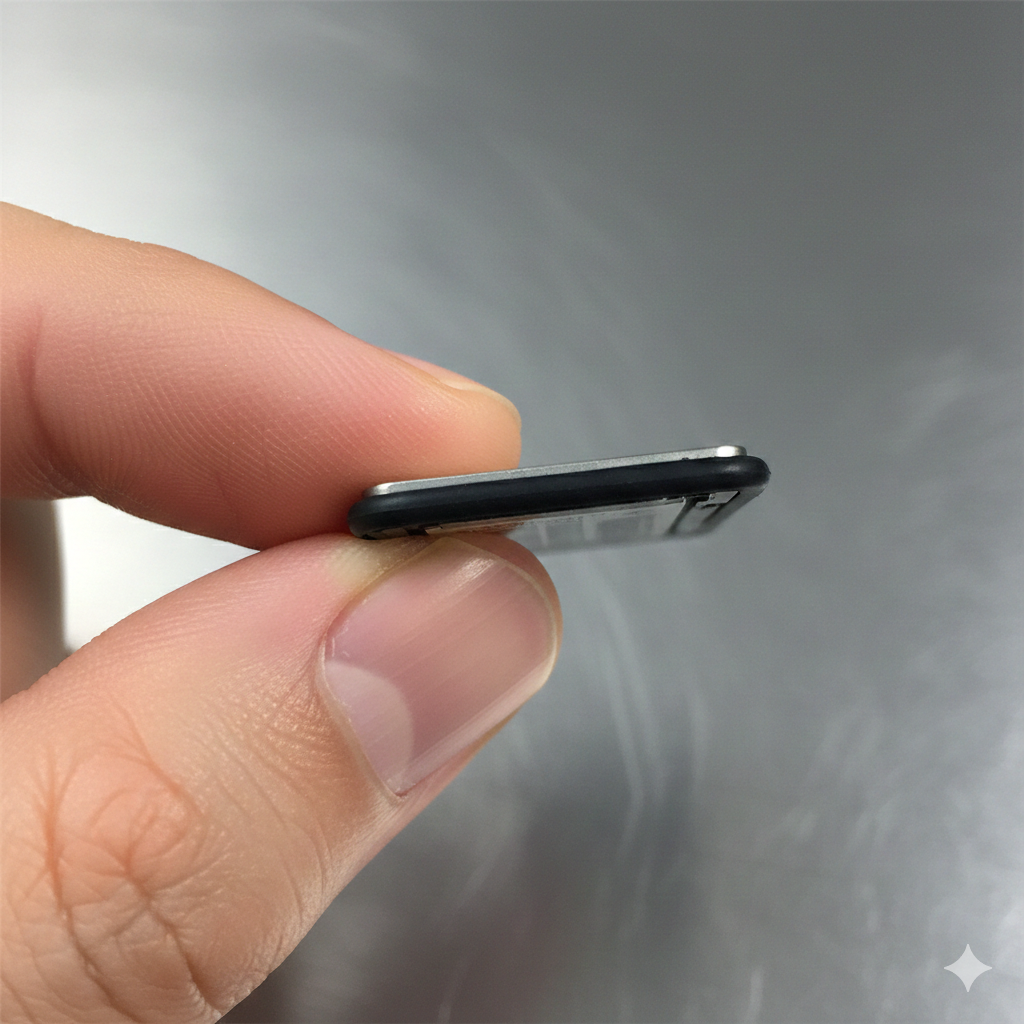 Hình ảnh nhấn mạnh chất lượng khay SIM chính hãng: chụp cận cảnh phần gioăng cao su chống nước (water-resistant gasket) màu đen hoặc xám trên khay SIM Note 9. Khay SIM được giữ bằng nhíp hoặc đặt trên đầu ngón tay cái, tập trung vào độ dày và tính nguyên vẹn của gioăng cao su, ngụ ý đảm bảo chuẩn kháng nước IP68. Bối cảnh tối giản để làm nổi bật chi tiết linh kiện. Phong cách quảng cáo sản phẩm, chất lượng cao, chuyên nghiệp, thể hiện sự tin cậy.