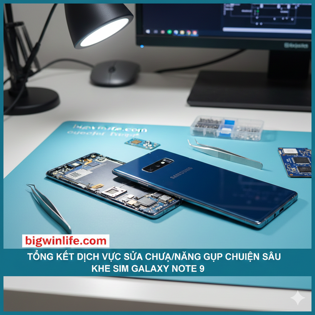Hình ảnh tổng kết mang tính khái niệm về dịch vụ sửa chữa/nâng cấp. Thể hiện một chiếc Galaxy Note 9 đang được mở ra (mặt lưng đã tháo) đặt trên bàn làm việc của kỹ thuật viên sửa chữa (có thể thấy các dụng cụ nhỏ như nhíp, tuốc nơ vít). Tập trung vào khu vực mainboard có chứa khe SIM (SIM Slot) bên trong. Khung cảnh nên tạo cảm giác chuyên nghiệp, đáng tin cậy. Màu sắc chủ đạo là tông màu xanh/trắng của phòng thí nghiệm hoặc bàn kỹ thuật, ngụ ý về dịch vụ chuyên sâu và kỹ thuật cao cấp.