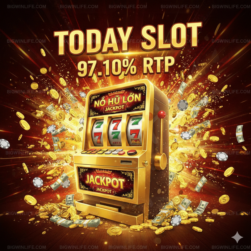 Một bức ảnh bìa nổi bật có chủ đề là “TODAY SLOT - NỔ HŨ LỚN NHẤT HÔM NAY”. Chủ đề là một máy đánh bạc lớn, vàng, sáng bóng (Máy đánh bạc), với màn hình hiển thị 'BIG WIN' hoặc 'JACKPOT', xung quanh là một lượng lớn tiền vàng, tiền mặt và chip đang phát nổ và bay. Màu sắc nên có độ bão hòa cao của vàng, đỏ và đen để tạo cảm giác giàu có và phấn khích mạnh mẽ. Nền nên có các từ khóa tiếng Việt nổi bật “TODAY SLOT” và khẩu hiệu “97,10% RTP”. Bố cục tổng thể phải năng động và sống động, nhấn mạnh cơ hội nhận giải thưởng lớn ngay lập tức.