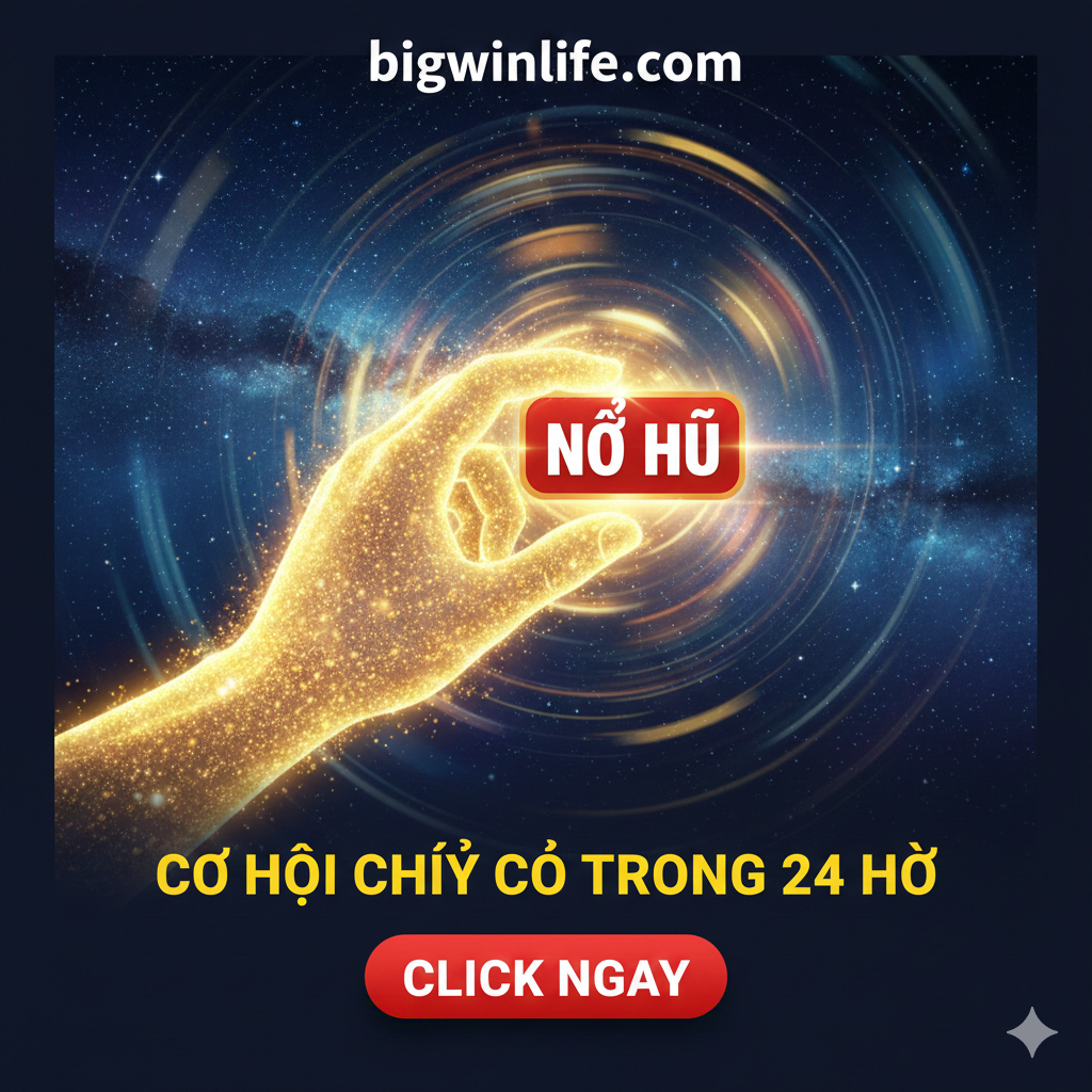 Hình ảnh tóm tắt và thúc đẩy hành động. Ở trung tâm là một bàn tay (hoặc một vầng hào quang vàng trừu tượng) đang nắm lấy một bùa may mắn lấp lánh hoặc một nút có chữ 'NỔ HŨ'. Nền là một vòng quay năng động hoặc hiệu ứng bầu trời đầy sao, tượng trưng cho cơ hội thoáng qua. Sử dụng màu sắc tương phản mạnh mẽ, chẳng hạn như màu vàng tươi và màu xanh đậm, để tạo cảm giác cấp bách và lời kêu gọi hành động. Các cụm từ nhắc nhở như “Cơ Hội Chỉ Có Trong 24 Giờ” và “CLICK NGAY” phải được đặt ở vị trí nổi bật, khuyến khích người đọc hành động ngay lập tức và nắm bắt cơ hội Slot Game trong ngày.