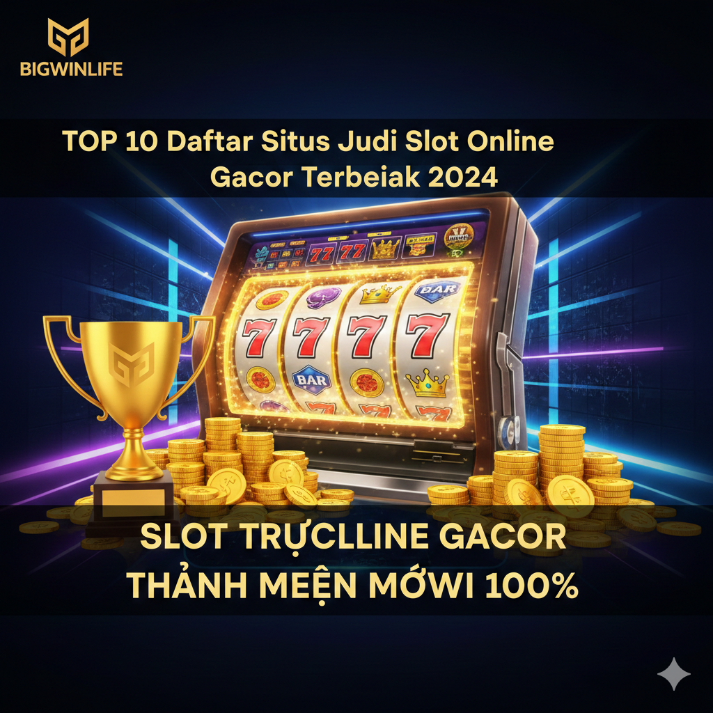 Một bức ảnh bìa thu hút với chủ đề 'TOP 10 Daftar Situs Judi Slot Online Gacor Terbaik 2024', có hình ảnh cuộn slot machine lấp lánh, một chiếc cúp vàng và các biểu tượng tiền thưởng 100% (New Member 100%), với Logo BIGWINLIFE và phong cách tương lai, sang trọng.