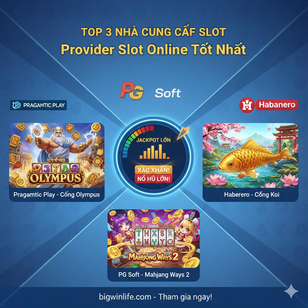Hình ảnh ba khung hình song song giới thiệu các nhà cung cấp Slot Provider hàng đầu: Pragmatic Play với biểu tượng Zeus, PG Soft với phong cách 3D (Mahjong Ways 2), và Habanero với chủ đề châu Á (Koi Gate). Ba khung hình này kết nối với một chỉ báo RTP lớn, làm nổi bật 'Provider Slot Online Terbaik'.