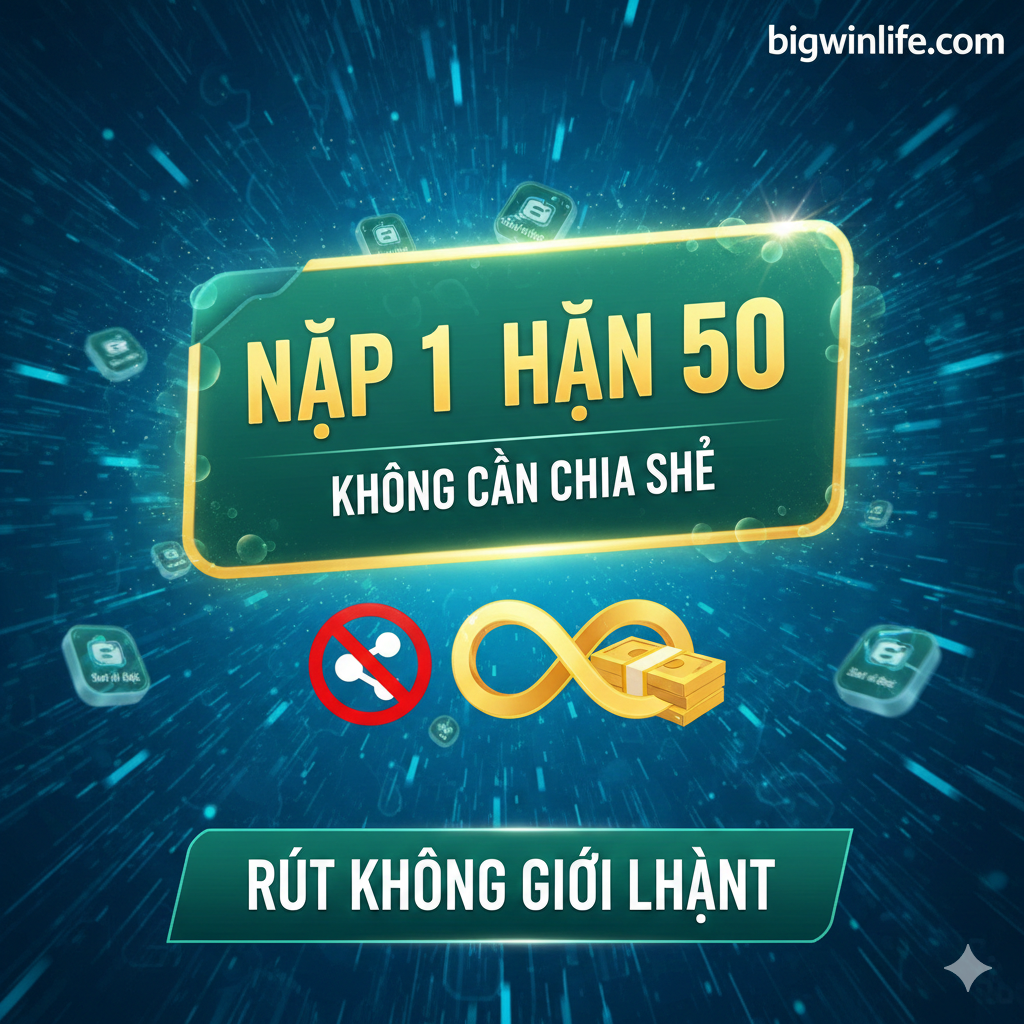 Hình vẽ đặc tính sản phẩm, làm nổi bật “ฝาก 1 บาท รับ 50 ไม่ต้องแชร์” và “ถอนไม่อั้น”. Trung tâm hình ảnh là một huy hiệu hoặc thẻ nổi bật, với dòng chữ “Nạp 1 Nhận 50” và “Không Cần Chia Sẻ”. Phía dưới sử dụng hai biểu tượng hoặc ký hiệu rõ ràng: một biểu tượng “chia sẻ” bị gạch chéo (ám chỉ không cần chia sẻ), và biểu tượng vô cực (∞) hoặc các bó tiền xếp chồng (tượng trưng cho ถอนไม่อั้น/Rút không giới hạn). Màu sắc tổng thể tươi sáng, đáng tin cậy, sử dụng màu xanh lá cây hoặc vàng để làm nổi bật các ưu điểm chính, có thể có các yếu tố trừu tượng của dòng dữ liệu hoặc ví điện tử (สล็อตวอเลท) trong nền, tượng trưng cho tốc độ và tiện lợi.