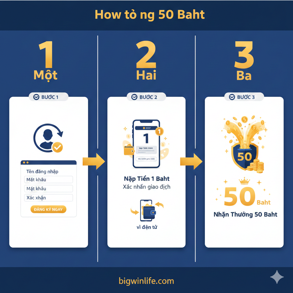 Hướng dẫn dưới dạng hình vẽ, trình bày 3 bước. Sử dụng phong cách Infographic, chia hình ảnh thành 3 phần bằng nhau, kết nối bằng số “1, 2, 3” tiếng Việt/Thái hoặc mũi tên: 1. Đăng Ký (hiển thị giao diện đăng ký đơn giản hoặc biểu tượng người dùng); 2. Nạp Tiền 1 Baht (hiển thị màn hình điện thoại với số '1' và biểu tượng xác nhận giao dịch, nhấn mạnh สล็อตวอเลท); 3. Nhận 50 Baht Thưởng (hiển thị phần thưởng 50 Baht như một dòng nước chảy vào biểu tượng tài khoản game). Sử dụng màu sắc rõ ràng, các bước riêng biệt, áp dụng màu thương hiệu của bigwinlife.com làm tông màu chính, bảo đảm luồng nhìn liên tục.
