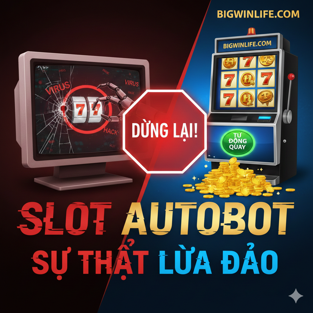 Ảnh bìa nên có hiệu ứng tương phản mạnh, chủ đề là “Sự thật và Lừa dối”. Bên trái là màn hình máy tính đen tối, virus, có chữ “Hack”, hình ảnh robot (bot/autobot) đang cố chạm vào biểu tượng máy đánh bạc nhưng bị biển báo “STOP” lớn che khuất. Bên phải là giao diện máy đánh bạc sáng, sạch, chuyên nghiệp của Bigwinlife.com với nút “Auto-Spin” màu xanh lá cây và một đống tiền vàng. Tông màu chung: đỏ sẫm/đen (nguy hiểm) bên trái, xanh lam/vàng (an toàn, tin cậy) bên phải. Nhấn mạnh các từ khóa “Slot Autobot” và “Sự Thật Lừa Đảo”.
