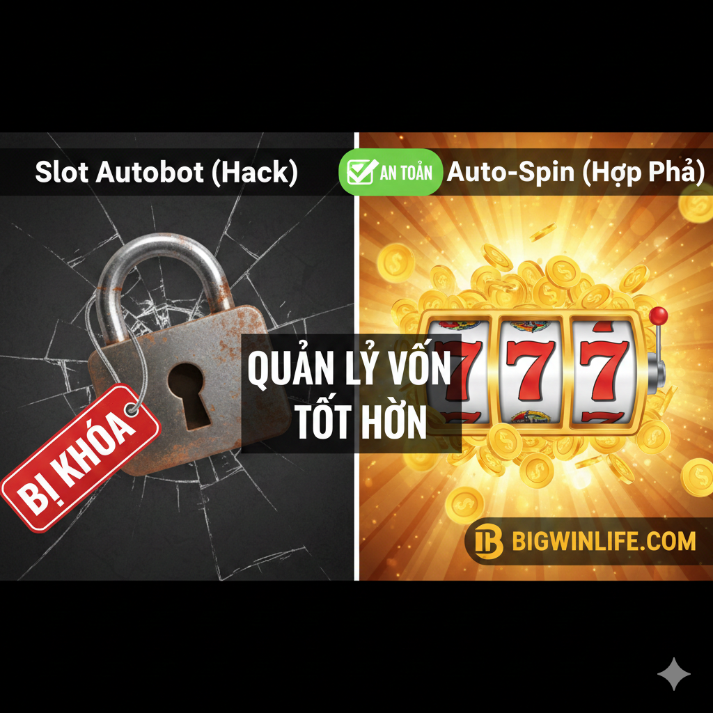 Hình ảnh so sánh (Split Screen). Bên trái là “Slot Autobot (Hack)”, nền xám/màn hình nứt vỡ, có nhãn “Bị Khóa” và một ổ khóa lớn. Bên phải là “Auto-Spin (Hợp Pháp)”, nền sáng, có tiền vàng và Logo “Bigwinlife.com”, có nhãn “An Toàn” và dấu tích. Có một đường phân cách rõ ràng ở giữa, nhấn mạnh “Quản Lý Vốn Tốt Hơn” bằng chữ. Màu sắc tương phản rõ rệt, làm nổi bật lợi thế của tính năng hợp pháp.