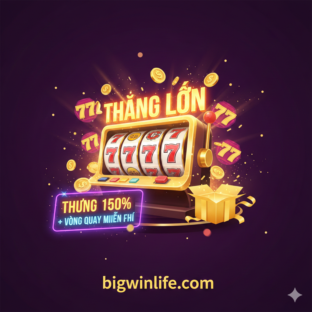 một ảnh (ảnh bìa) sôi động và cao cấp, mang phong cách của một sòng bạc Las Vegas hiện đại. Trung tâm bức ảnh là một cuộn quay slot machine vàng ròng đang dừng lại ở các biểu tượng 'BIG WIN' hoặc 'JACKPOT', với một cơn mưa tiền xu vàng và biểu tượng đô la bay lên xung quanh. Màu sắc chủ đạo là vàng, đỏ ruby, và đen/xanh đậm để tạo sự sang trọng. Góc dưới có một biểu ngữ neon phát sáng với dòng chữ 'TOP 10+ BONUS SLOTS' hoặc 'NHẬN BONUS LỚN'. Hình ảnh phải thể hiện sự giàu có và cơ hội thắng lớn, phù hợp với mục tiêu của bigwinlife.com.