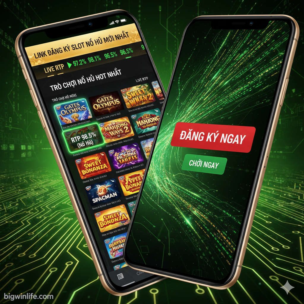 Hình ảnh tính năng, mô tả Link Đăng Ký Slot Gacor Mới Nhất và Live RTP. Màn hình điện thoại chia đôi, một bên là danh sách game RTP cao (98.5% Gacor), bên kia là nút Đăng Ký Ngay. Nền là mã số.
