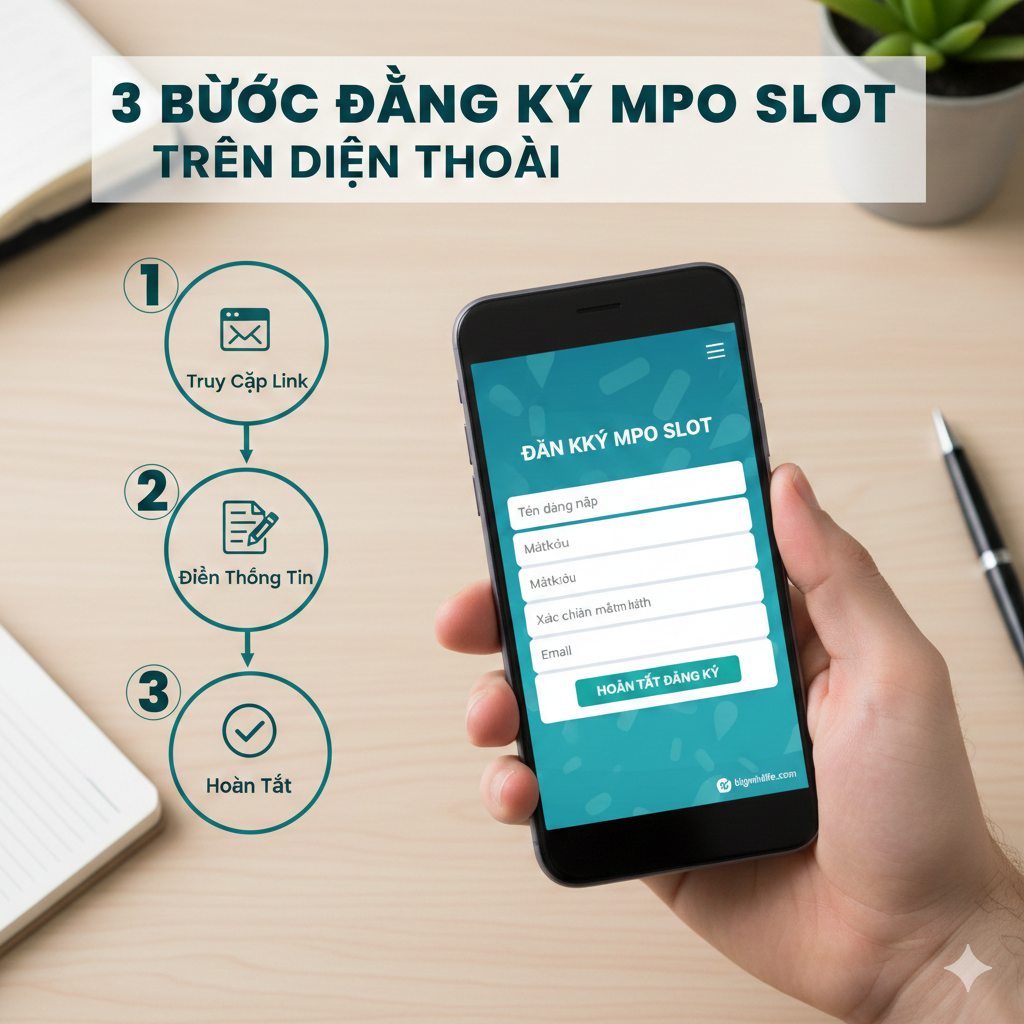 Hình ảnh hướng dẫn, mô tả 3 bước đăng ký trên điện thoại. Một bàn tay đang cầm smartphone với giao diện form đăng ký đơn giản. Kèm theo 3 bước hướng dẫn trực quan (Truy Cập Link, Điền Thông Tin, Hoàn Tất).