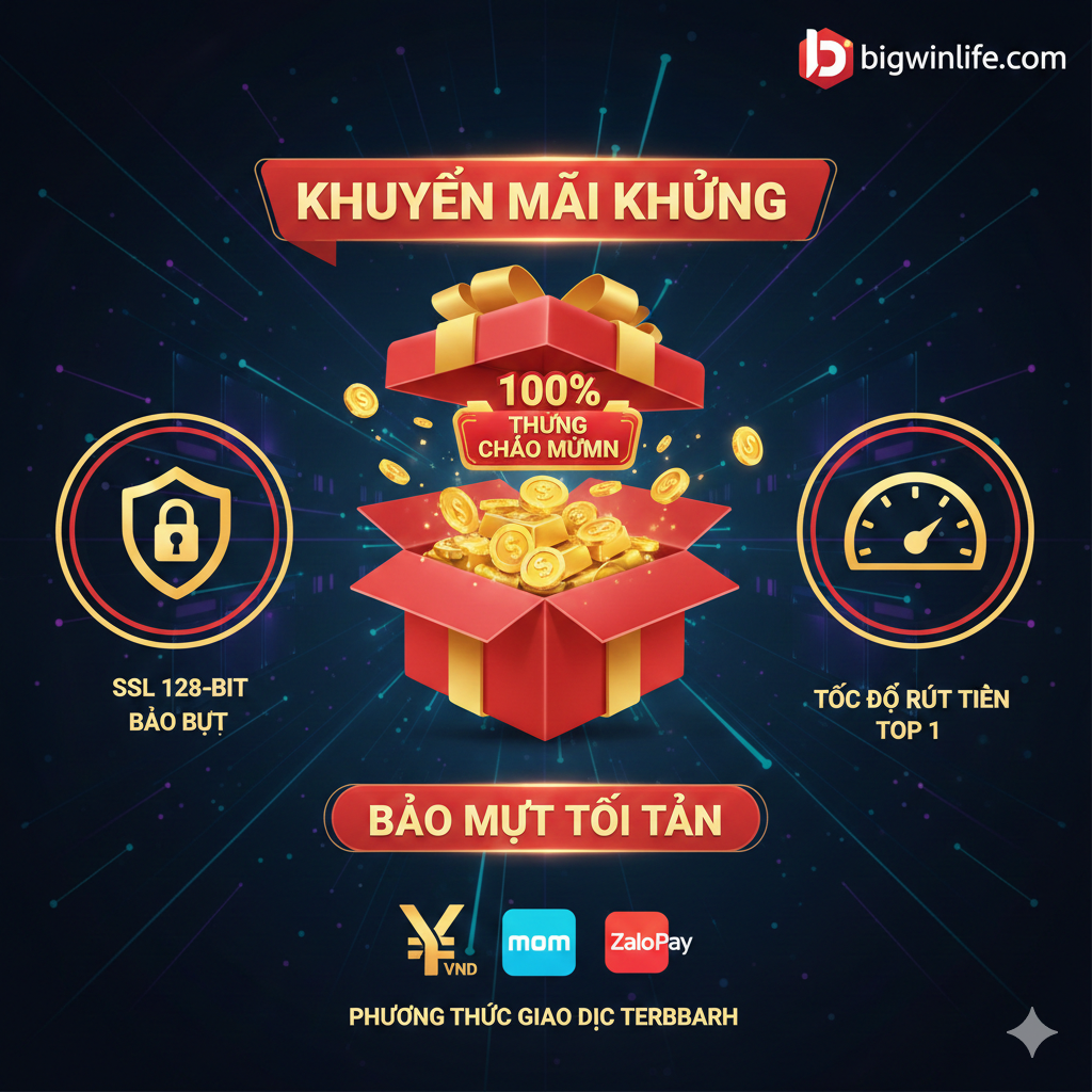Hình ảnh ưu thế, làm nổi bật Khuyến Mãi Khủng và Bảo Mật Tối Tân. Thiết kế đồ họa có 100% Thưởng Chào Mừng ở trung tâm, bao quanh là các biểu tượng: lá chắn (bảo mật), đồng hồ tốc độ (tốc độ rút tiền) và phương thức thanh toán mới nhất (Momo/ZaloPay/VND).
