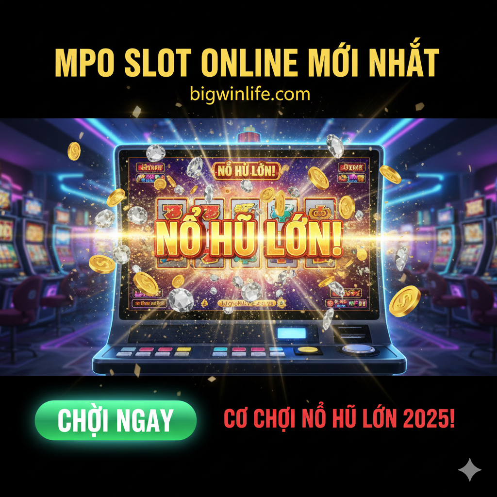 Hình ảnh tóm tắt, khuyến khích người dùng Chơi Ngay và Nổ Hũ Lớn. Một máy Slot động hiển thị chữ JACKPOT WIN nhấp nháy, tiền vàng bắn ra. Khẩu hiệu Cơ Hội Nổ Hũ Lớn 2025.