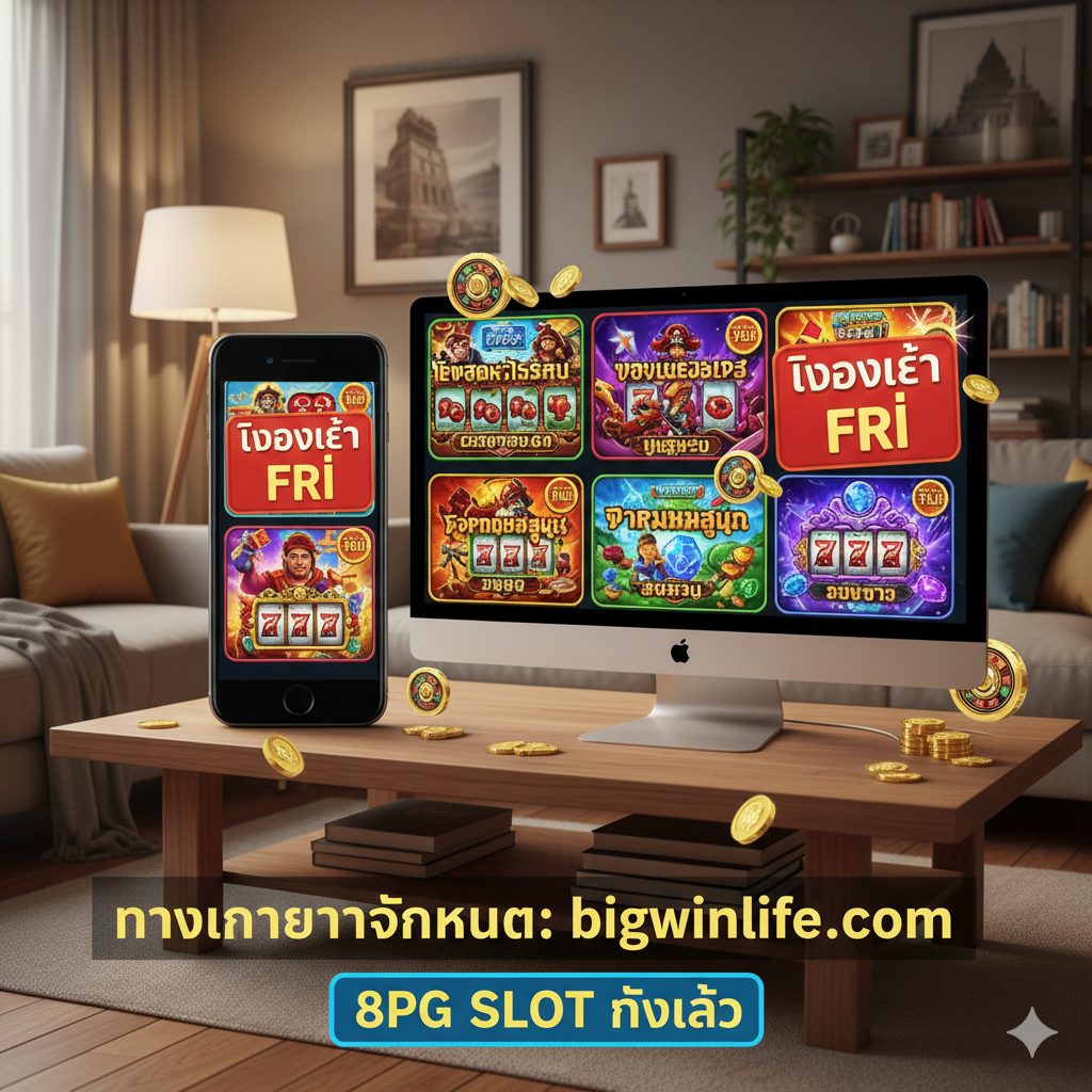 ภาพสรุปเกี่ยวกับ '8pg slot ทดลองเล่น ฟรี' และเกมยอดนิยมของค่าย จัดวางหน้าจอเกมสล็อตยอดนิยม 3-4 เกม (จำลอง) ในกรอบมือถือหรือคอมพิวเตอร์ที่วางอยู่บนฉากหลังที่เป็นห้องนั่งเล่นสบาย ๆ หรือห้องเกมมิ่ง มีสัญลักษณ์ 'DEMO FREE' เด่นชัด เพื่อเน้นย้ำฟังก์ชันทดลองเล่นฟรี ใช้ภาพสล็อตแมชชีนขนาดเล็กเป็นองค์ประกอบเพิ่มเติม และเน้นคำว่า 'bigwinlife.com' เป็นผู้ให้บริการลิงก์เข้าเล่นอย่างเป็นทางการ ให้ความรู้สึกผ่อนคลายแต่มีโอกาสในการทำกำไร