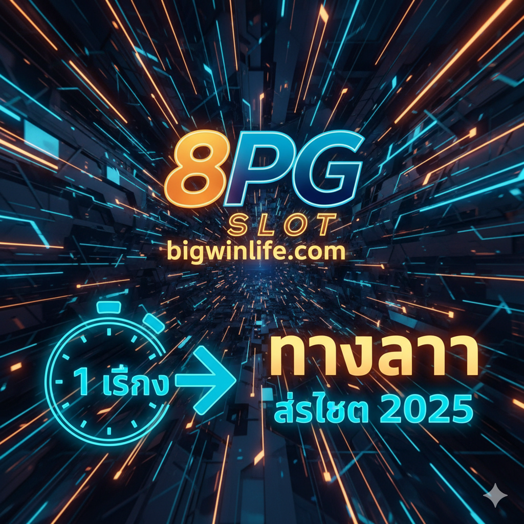 ภาพหน้าปกสไตล์นีออนผสมผสานกับธีมเทคโนโลยีความเร็วสูง แสดงสัญลักษณ์ '8PG SLOT' และ 'bigwinlife.com' อย่างเด่นชัด พื้นหลังเป็นทางเข้าดิจิทัลที่มีแสงไฟสีฟ้าและสีส้ม/ทองคำเปล่งประกาย สื่อถึง 'ความเร็ว' และ 'ความปลอดภัย' มีองค์ประกอบของนาฬิกาจับเวลาแบบดิจิทัลที่แสดง '1 วินาที' หรือ 'Auto' พร้อมลูกศรพุ่งไปข้างหน้า เน้นคำว่า 'ทางเข้า' และ 'ล่าสุด 2025' ด้วยตัวอักษรหนา ๆ ให้ความรู้สึกตื่นเต้นและทันสมัย