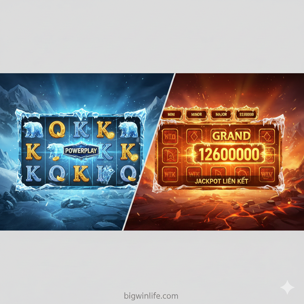 Mô tả tính năng Vòng Quay Miễn Phí (Free Spins). Hình ảnh một màn hình slot game đang hiển thị hiệu ứng chiến thắng lớn (BIG WIN) trong vòng Free Spins. Trên cuộn quay, các biểu tượng Wild (Núi lửa) phải xuất hiện cùng với hệ số nhân (ví dụ: x3 hoặc x5) đang cháy rực. Biểu tượng Scatter (Dấu chân) cũng nên xuất hiện. Phong cách đồ họa 3D sắc nét, màu sắc rực rỡ (màu cam/đỏ của núi lửa Wild tương phản với màu xanh lạnh của băng) để làm nổi bật cơ chế nhân tiền thưởng Multiplier.