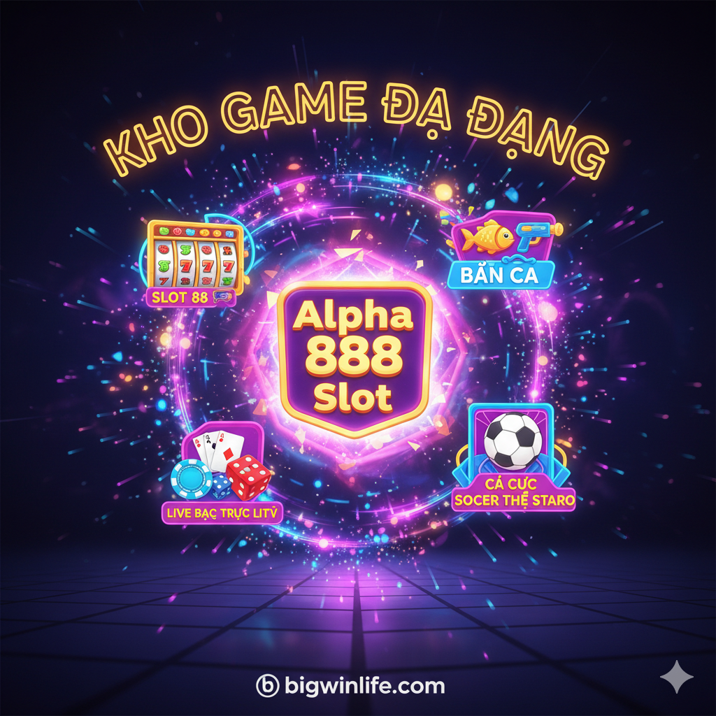 Một hình ảnh trưng bày ưu thế về 'sự đa dạng trò chơi'. Phong cách hình ảnh nên sống động, sử dụng hiệu ứng đèn neon nhiều màu sắc. Trung tâm màn hình là logo lớn của 'Alpha 888 Slot', xung quanh là các biểu tượng hoặc hình thu nhỏ nhỏ và rõ ràng, đại diện cho các trò chơi đa dạng: Máy đánh bạc (Slot Reels), Bắn cá (Fish Hunting), Cá cược thể thao (Soccer Ball/Sports Betting), Dealer trực tiếp (Live Dealer/Poker Chip). Bố cục nên có cảm giác chuyển động, như thể các yếu tố trò chơi này đang bùng nổ từ trung tâm, nhấn mạnh 'Kho Game Đa Dạng'.
