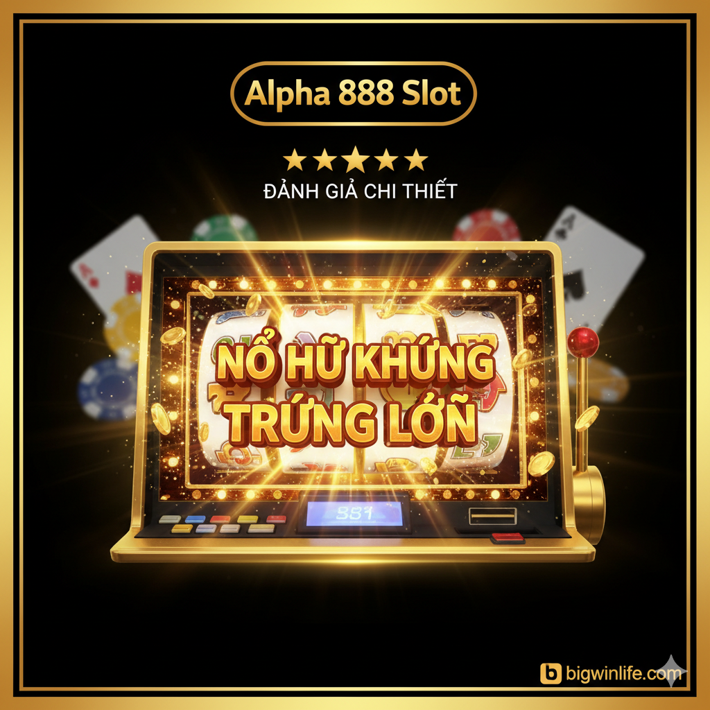 Một striking attention 的封面图，主题是 'Alpha 888 Slot Review'。主色调应为金色和黑色，营造出高端、奢华的赌场氛围。画面中心是一个充满活力的老虎机（Slot Machine）屏幕，显示'BIG WIN'或'JACKPOT'的字样，周围有飞散的金币和光芒，强调'Nổ Hũ'的概念。背景虚化，可以看到一些扑克牌或筹码的元素。图片上方有Logo/名称 'Alpha 888 Slot'，并带有星级评价 ⭐⭐⭐⭐⭐，突出文章的权威性。