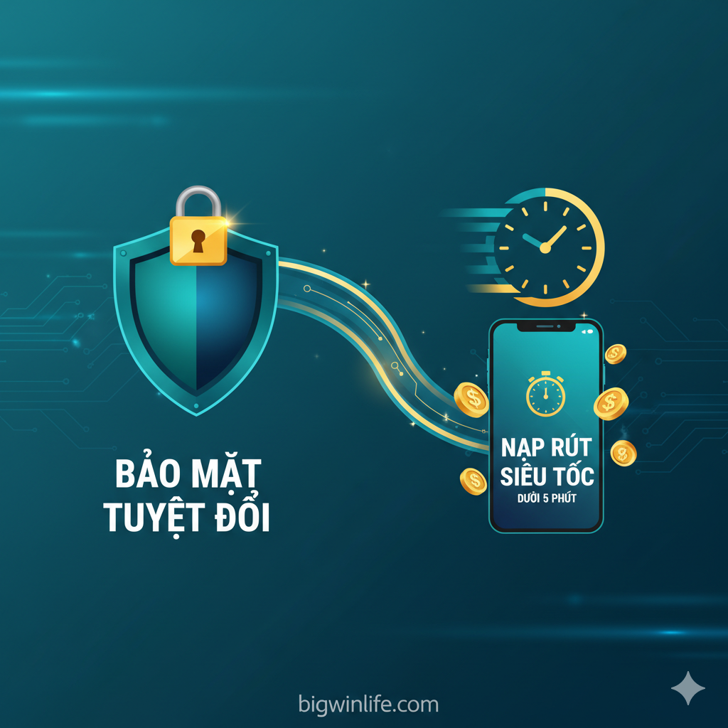 Một hình ảnh nổi bật các tính năng 'an toàn' và 'tốc độ giao dịch' của nền tảng. Hình ảnh nên có màu xanh lam và xanh lục, tượng trưng cho sự an toàn và công nghệ. Bên trái là biểu tượng Lá chắn với Khóa vàng, có ghi 'SSL Security' hoặc 'Bảo Mật Tuyệt Đối'. Bên phải là Đồng hồ hoặc Đồng hồ bấm giờ đang quay nhanh, bên dưới là màn hình điện thoại hoặc máy tính có ghi 'Nạp Rút Siêu Tốc' hoặc 'Dưới 5 Phút' cùng các ký hiệu tiền tệ ($ hoặc VNĐ). Hai yếu tố này được nối với nhau bằng một luồng sáng, biểu thị trải nghiệm giao dịch suôn sẻ và an toàn.