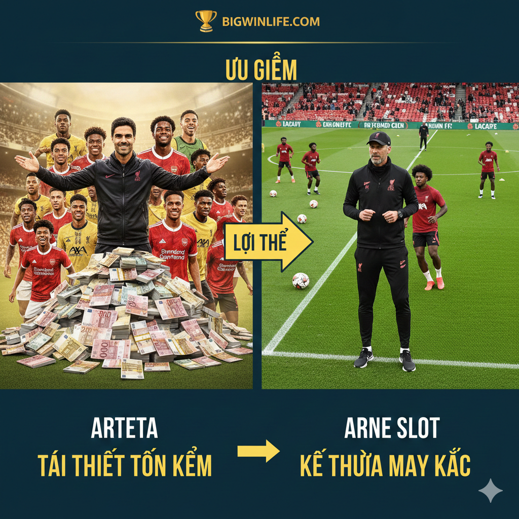 Hình ảnh minh họa cho cuộc đối đầu trực tiếp trên sân cỏ (Head-to-Head). Bố cục là một phần sân bóng từ góc nhìn trên cao (tactic view). Hiển thị các vị trí cầu thủ chủ chốt của Liverpool (mũi tên đỏ) và Arsenal (mũi tên trắng) đang giao tranh tại khu vực tiền vệ trung tâm (midfield battle) và hành lang cánh (wide area). Mũi tên chiến thuật (tactical arrows) nên được vẽ rõ ràng: Mũi tên dâng cao của hậu vệ cánh Slot và các đường chuyền ngắn cấu trúc của Arteta. Phong cách đồ họa thể thao năng động, tập trung vào chiến thuật di chuyển và vị trí của các cầu thủ, làm nổi bật sự va chạm giữa 'pressing cường độ cao' và 'kiểm soát vị trí'.
