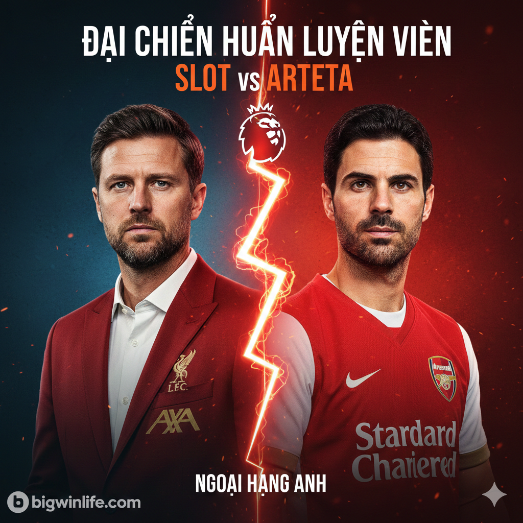 Ảnh bìa phong cách đối đầu kịch tính (showdown) và chuyên nghiệp. Hai huấn luyện viên Arne Slot (màu đỏ của Liverpool) và Mikel Arteta (màu đỏ-trắng của Arsenal) đứng đối diện nhau, với ánh mắt tập trung và quyết tâm. Nền tối màu (dark background) với hiệu ứng ánh sáng xanh và đỏ (electric blue and red glow) tượng trưng cho hai câu lạc bộ và sự căng thẳng của Premier League. Phía trên đầu họ là logo Premier League. Bố cục chia đôi màn hình nhấn mạnh sự đối lập, tạo cảm giác về một cuộc chiến chiến thuật sắp diễn ra. Hình ảnh phải thể hiện được sự nghiêm túc và đẳng cấp của 'thiên tài chiến thuật'.
