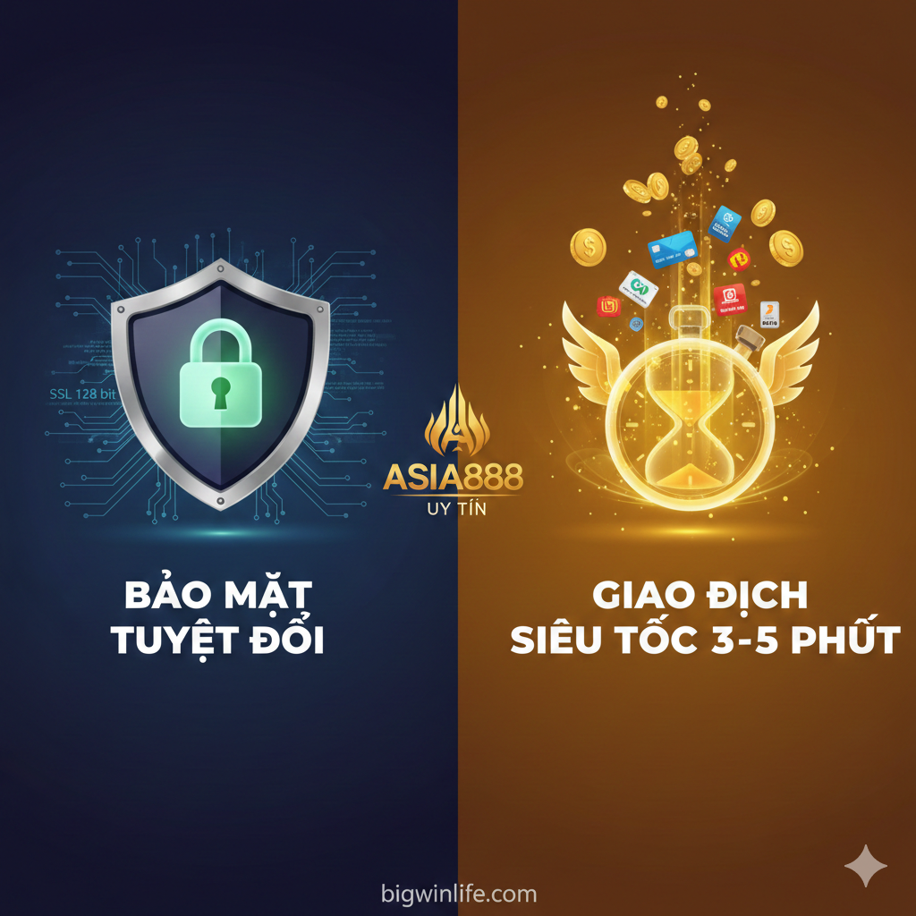 Trưng bày ưu điểm của Asia888 về bảo mật và tốc độ giao dịch. Màn hình được chia làm hai: phía bên trái thể hiện ưu điểm về bảo mật, với biểu tượng khiên 🛡️ và mã hóa “SSL 128 bit”, đại diện cho “Bảo Mật Tuyệt Đối”; bên phải thể hiện ưu điểm giao dịch, với đồng hồ bấm giờ hoặc đồng hồ cát và các biểu tượng tiền xu và thẻ ngân hàng đang lưu chuyển nhanh chóng, đại diện cho “Giao Dịch Siêu Tốc 3-5 Phút”. Thiết kế sử dụng các màu tương phản để phân biệt, cân bằng và chuyên nghiệp, nhấn mạnh độ tin cậy (Uy Tín) và hiệu suất cao của nền tảng.