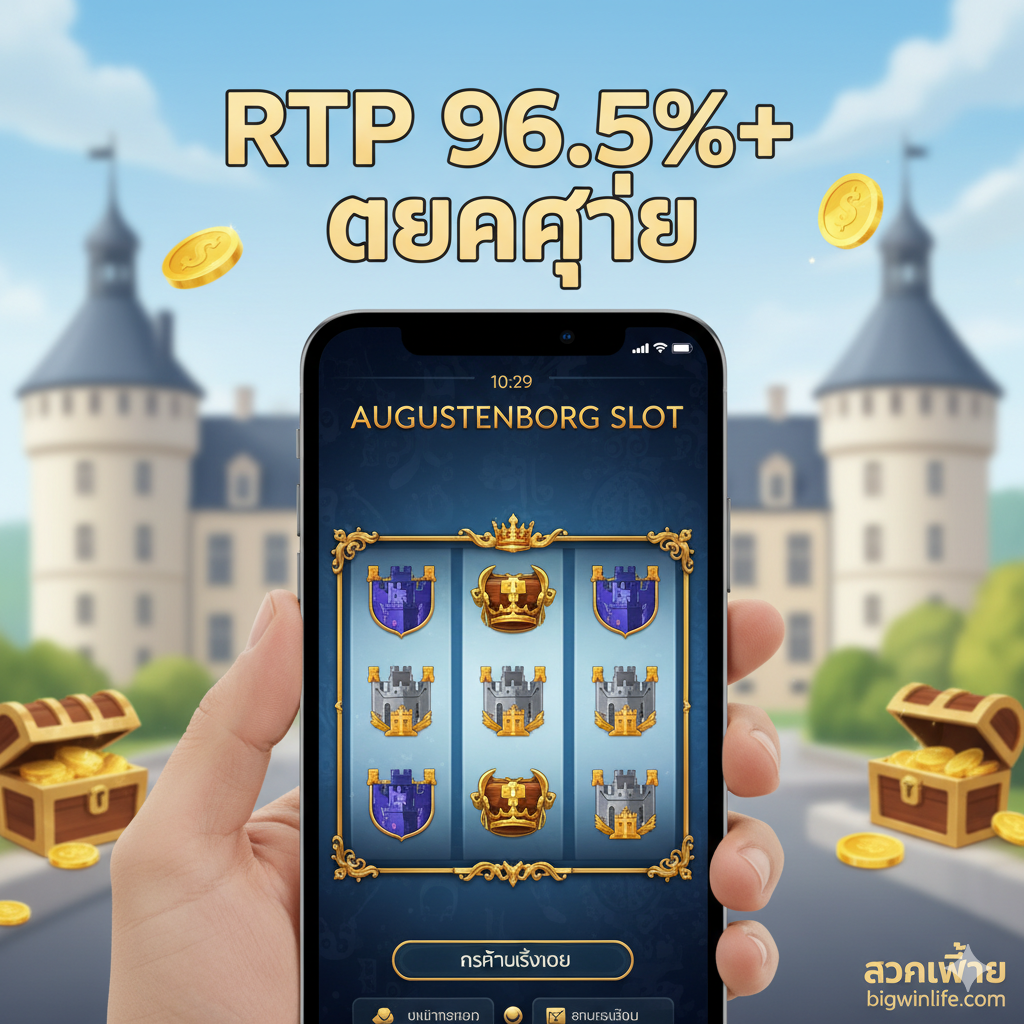 优势特点图,强调高RTP和移动端兼容性。画面主体是一个正在运行Augustenborg Slot的手机或平板电脑屏幕,占据前景中央。背景是淡化的城堡和象征财富的钱币散落。屏幕上方用大号字体标明'RTP 96.5%+'和泰语的'แตกง่าย'(易爆奖)。风格简洁现代,突出移动设备上的完美游戏体验,传达网站'bigwinlife.com'的专业和高回报承诺。