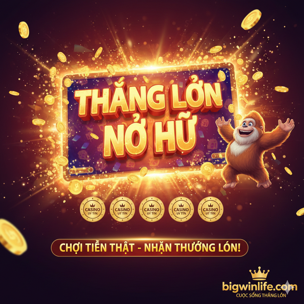 Hình ảnh tổng kết, tạo cảm giác thắng lớn (Big Win). Trung tâm là một màn hình game có dòng chữ 'BIG WIN' hoặc 'JACKPOT' lớn với các đồng tiền vàng và hiệu ứng ánh sáng lấp lánh rơi xung quanh. Nhân vật Betti the Yetti đang ăn mừng chiến thắng. Phía dưới là biểu tượng nhỏ của các sòng bạc đối tác uy tín (có thể để các logo placeholder chung chung như 'Trusted Casino Logo') và logo bigwinlife.com. Sử dụng tông màu rực rỡ, mạnh mẽ (vàng, đỏ) để khơi gợi cảm hứng chơi 'real money' (tiền thật) và nhấn mạnh lời kêu gọi hành động cuối cùng. Hình ảnh phải chuyên nghiệp và khích lệ.
