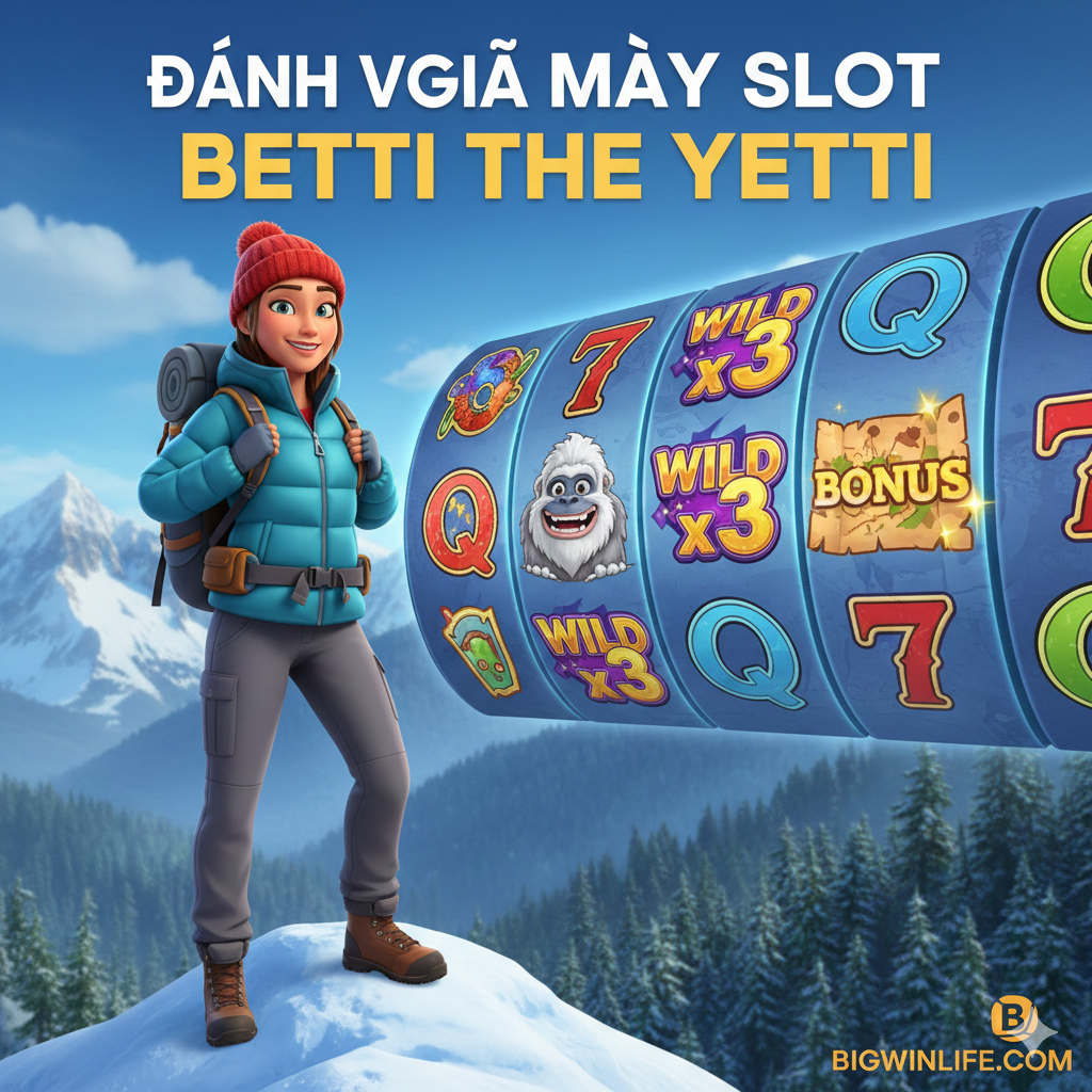 Ảnh bìa phong cách hoạt hình 3D chất lượng cao, tập trung vào nhân vật chính Betti the Yetti vui vẻ. Cô ấy là một người phụ nữ trẻ, xinh đẹp, với trang phục dã ngoại hoặc leo núi, đang đứng trên một đỉnh núi tuyết phủ trắng hoặc trong một khu rừng rậm rạp. Phía sau cô là khung cảnh các cuộn quay (reels) của máy slot Betti the Yetti với các biểu tượng game (như Yeti, Wild x3, Bonus). Màu sắc tươi sáng, tương phản cao, với tông màu xanh lam lạnh của núi tuyết và xanh lá cây của rừng. Góc chụp gần gũi và năng động, tạo cảm giác phiêu lưu và thú vị. Đặt tiêu đề lớn, nổi bật: 'Betti the Yetti Slot Review' bằng phông chữ hiện đại.