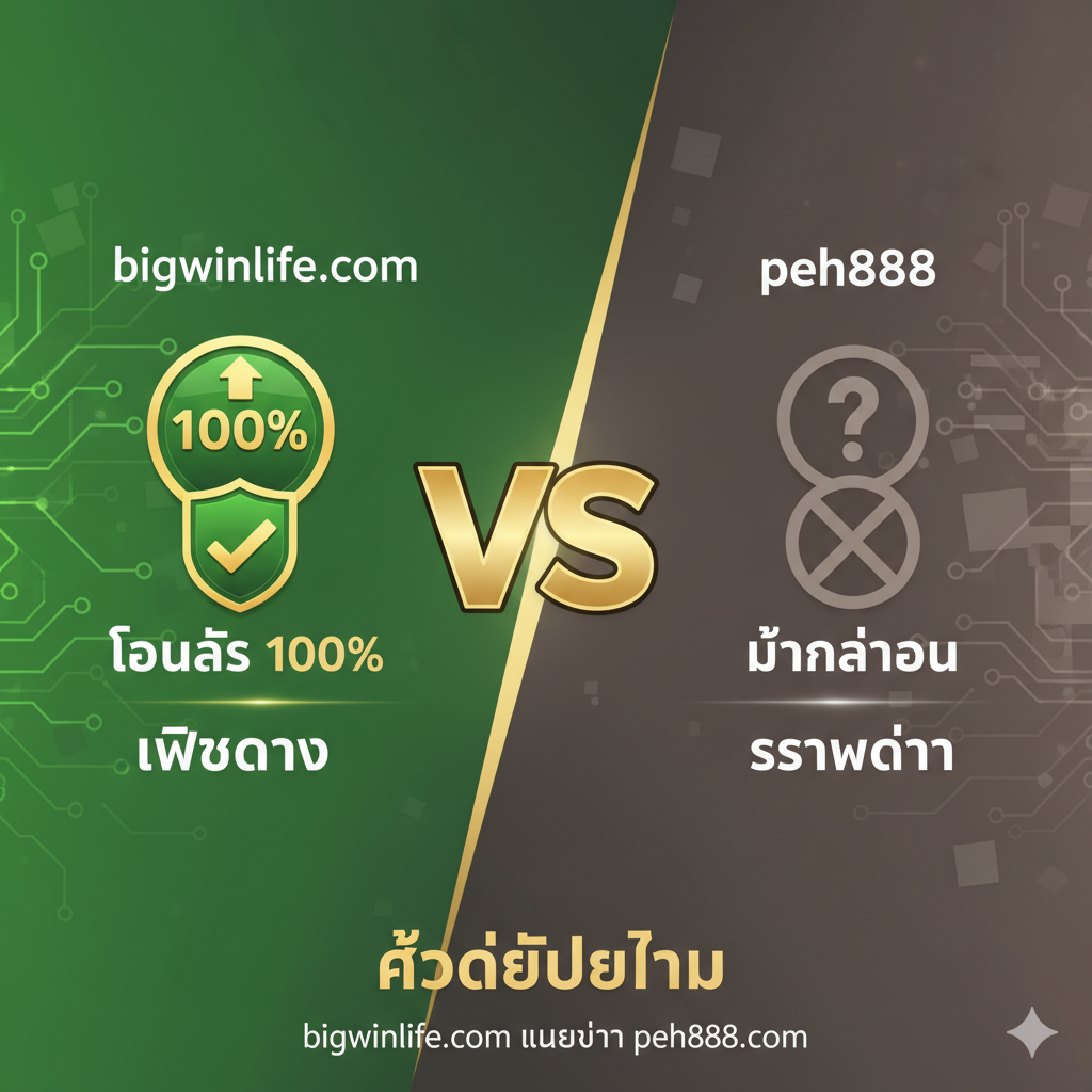 优势图应可视化地展示 bigwinlife.com กับ peh888 的对比。图片中心是一个巨大的“VS”符号,左侧是 bigwinlife.com 的区域,使用明亮的绿色和金色,配以'โบนัส 100%'和'เว็บตรง'的图标(例如,一个100%的圆形进度条和一个盾牌)。右侧是 peh888 的区域,使用较暗或中性的颜色,配以问号或打叉的图标,代表旧和不确定性。构图应清晰地将视觉焦点引向 bigwinlife.com 一측,以凸显其优越性。