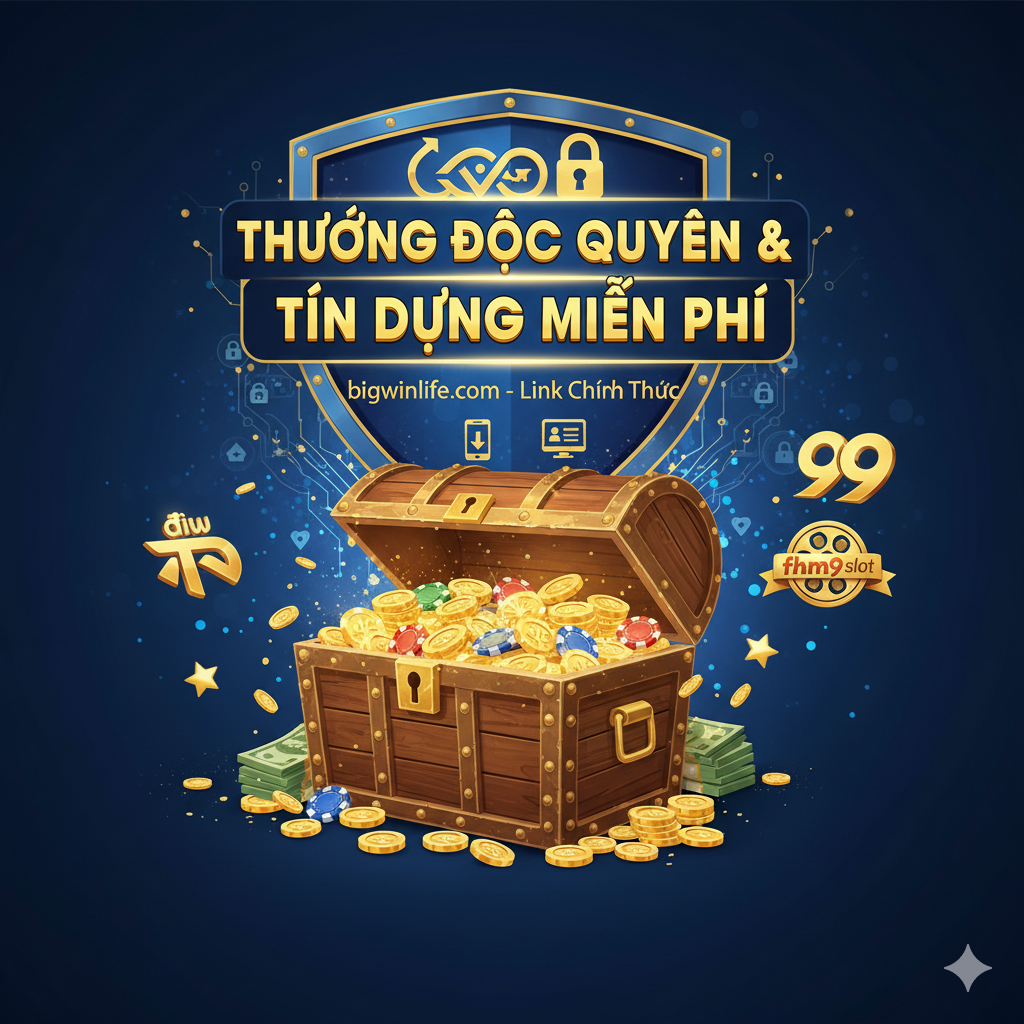 Một hình ảnh làm nổi bật các lợi thế và phần thưởng độc quyền có được thông qua việc tải xuống/đăng ký qua bigwinlife.com. Yếu tố cốt lõi là một chiếc rương kho báu khổng lồ chứa đầy tiền vàng và chip, phía trên là một khẩu hiệu nổi bật: “Bonus Độc Quyền & Tín Dụng Miễn Phí”. Nền phải là biểu tượng lá chắn an toàn (Secure) hoặc mã hóa, với dòng chữ nhỏ “bigwinlife.com - Link Chính Thức” ở phía dưới, nhấn mạnh tính bảo mật và nguồn chính thức. Phong cách hình ảnh phải là cao cấp và đáng tin cậy, sử dụng màu vàng và xanh lam làm tông màu chủ đạo, phản ánh đặc tính nhận lại giá trị cao ngay khi đăng ký.