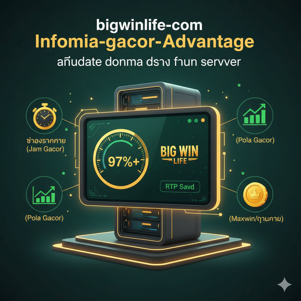 一张突出目标站点“bigwinlife.com”数据优势的图片。ภาพตรงกลางคือแผงควบคุมขนาดใหญ่หรือชั้นวางเซิร์ฟเวอร์ที่เคลื่อนไหวได้ ซึ่งเป็นสัญลักษณ์ของ “อัปเดตข้อมูลตรงจากเซิร์ฟเวอร์” หรือ “RTP สด” บนแผงควบคุมมีตัวชี้ที่ระบุค่า RTP สูง “97%+” พร้อมกับโลโก้แบรนด์ “BIG WIN LIFE” ที่โดดเด่น มีไอคอนเล็กๆ สามอันลอยอยู่รอบๆ ซึ่งแสดงถึงข้อได้เปรียบหลัก: นาฬิกา (Jam Gacor), แผนภูมิ (Pola Gacor) และเหรียญทอง (Maxwin/ทุนน้อย) โทนสีใช้สีของแบรนด์ (ทองและเขียวเข้ม) เน้นย้ำถึงความน่าเชื่อถือ ความเสถียร และการสนับสนุนข้อมูลที่ให้ผลตอบแทนสูง