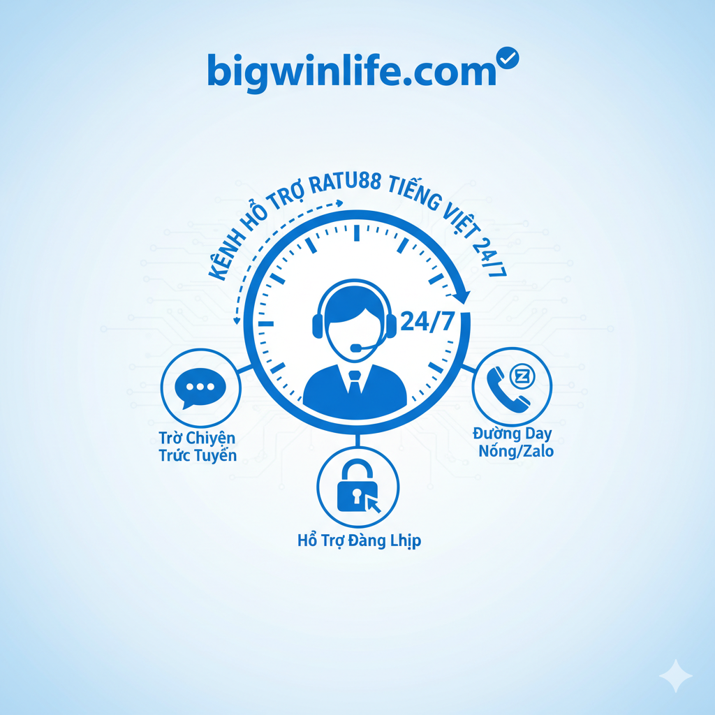 Hình ảnh tóm tắt dịch vụ hỗ trợ của bigwinlife.com. Biểu tượng tai nghe/trợ lý dịch vụ khách hàng với dòng chữ “24/7”, xung quanh là các biểu tượng bong bóng trò chuyện, điện thoại và khóa, làm nổi bật sự hỗ trợ liên tục bằng tiếng Việt cho các vấn đề về “Đăng Nhập” và “Giao Dịch”.