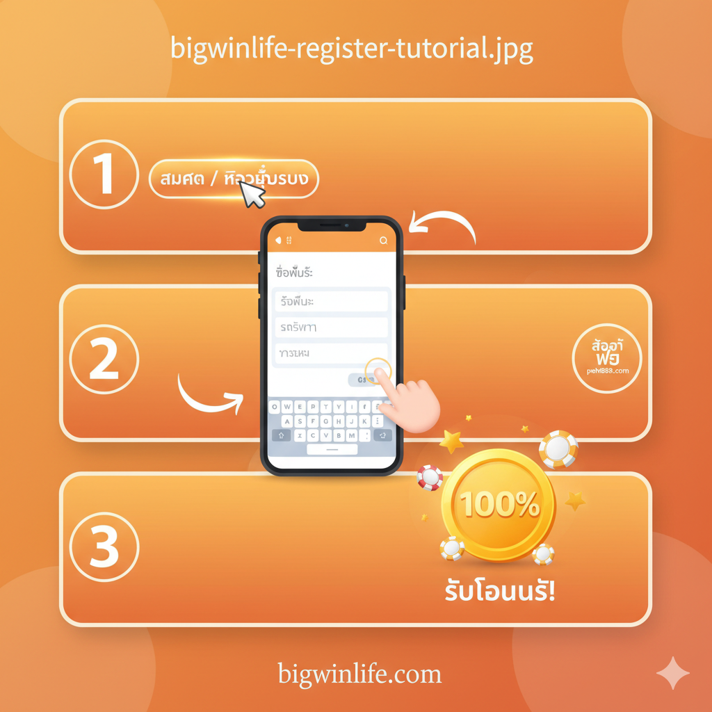 教程图用于说明“สมัคร/เข้าสู่ระบบ”的简单步骤。图片应以信息图表(Infographic)风格呈现,分为三个清晰的、由数字1-3标示的步骤方框。第一步是一个点击按钮的鼠标手势,第二步是一个填写表格的手机界面,第三步是一个大大的'100%'奖金符号。整体设计简洁、步骤箭头明确,采用泰语友好字体的说明文字,背景为温暖、吸引人的橙色或金色渐变,强调易用性。