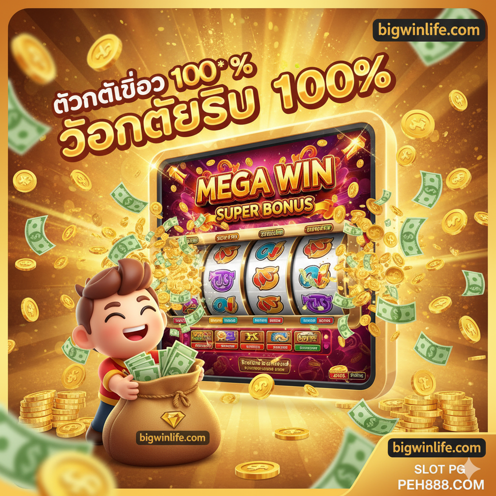 总结图旨在强调“ถอนได้จริง 100%”和“แตกง่าย”。图片核心是一个巨大的PG老虎机屏幕,显示着“MEGA WIN”或“SUPER BONUS”的泰语文字,大量的金币和纸币从屏幕中喷涌而出。在前景中,有一个用户(或卡通形象)正在快速地将一叠钞票放入一个标有 bigwinlife.com 标志的保险箱或钱包中。色彩丰富且高饱和度,以金色、红色和绿色为主,营造出强烈的胜利和财富感,鼓励用户立即行动。
