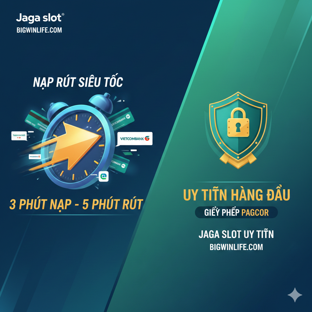 Ảnh nhấn mạnh uy tín của BIGWINLIFE và độ tin cậy khi áp dụng Jaga Slot. Thể hiện các yếu tố bảo mật và tốc độ: một logo lớn của BIGWINLIFE được bao quanh bởi các biểu tượng như Giấy phép (License/Certificate), Ổ khóa bảo mật (Security Lock), Biểu tượng RNG (Random Number Generator) và Tốc độ giao dịch (Speedometer/Fast Transaction Icon). Tông màu xanh lam/bạc, tạo cảm giác an toàn, minh bạch và chuyên nghiệp, khẳng định 'Chơi Jaga Slot tại Bigwinlife là công bằng và an toàn'.