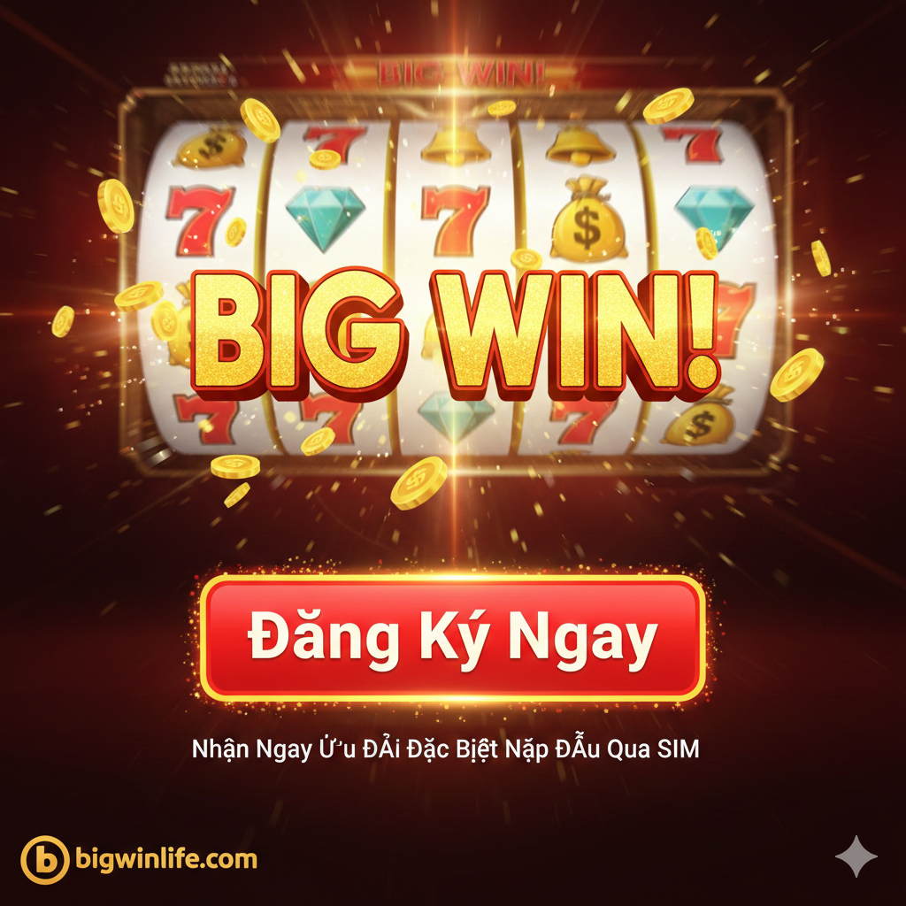 Một hình ảnh tóm tắt, dùng làm lời kêu gọi hành động (CTA). Trung tâm là một nút lớn và sáng bóng với dòng chữ “Đăng Ký và Nạp Tiền Qua SIM Ngay!” hoặc “Chơi Slot Nạp SIM Tự Động!”. Nút được bao quanh bởi biểu tượng điện thoại, SIM card và các ký hiệu tiền tệ (Thái Baht/Việt Nam Đồng) nhỏ, cùng với Logo/Biểu tượng sư tử của Bigwinlife.com. Phông nền là cảnh quan sòng bạc về đêm rực rỡ hoặc các tia sáng kỹ thuật số trừu tượng, tượng trưng cho cơ hội và tài lộc. Nhấn mạnh lời cam kết An toàn (biểu tượng An toàn) và Tiện lợi (biểu tượng Dấu kiểm), thúc đẩy người dùng hành động và nhấp chuột.