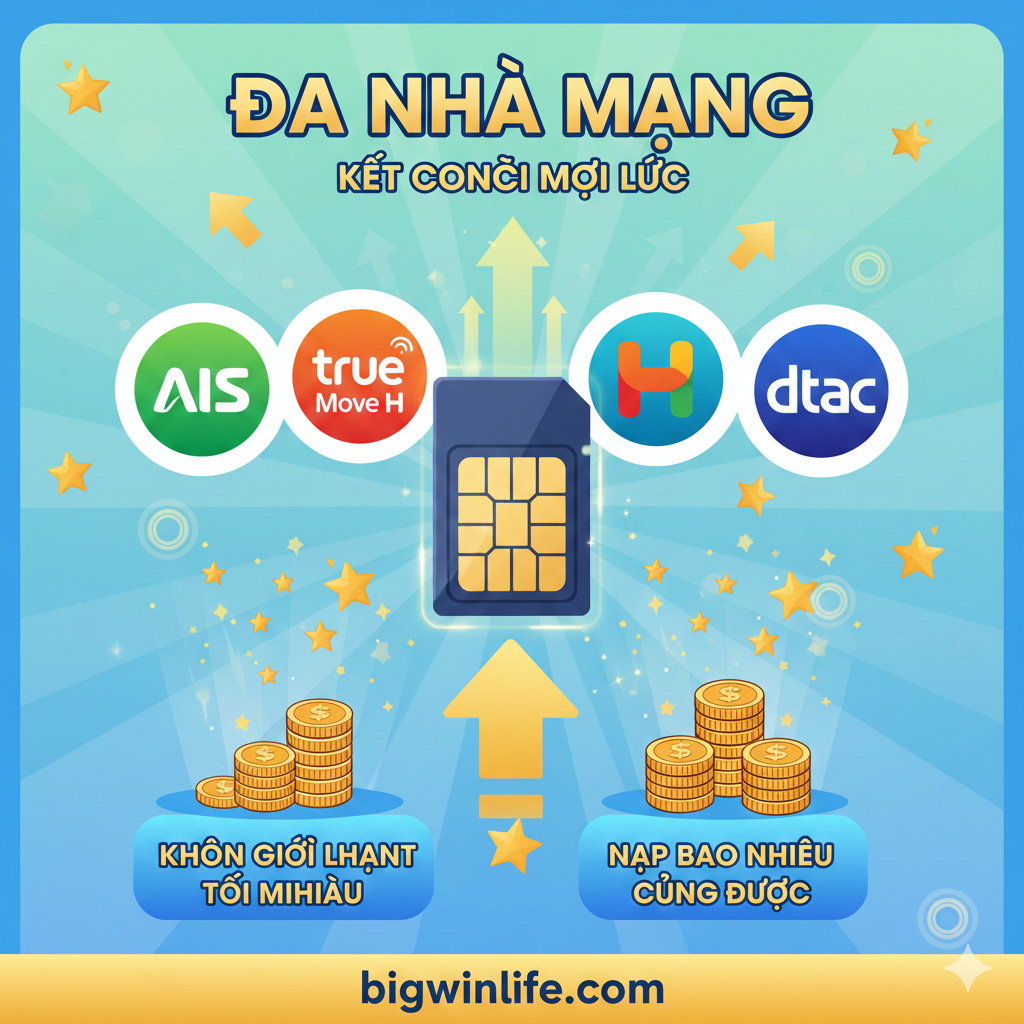 Hình ảnh ưu điểm, làm nổi bật “Khuyến mãi Độc Quyền SIM” và “Bonus Chào Mừng 100%”. Thiết kế giống như một Rương Kho Báu (Treasure Chest) đang mở ra, từ đó bùng nổ vô số đồng tiền vàng và biểu tượng Credit. Bên cạnh rương là hai yếu tố quan trọng: một nhãn dán với dòng chữ “+5% CREDIT” (đại diện cho phần thưởng độc quyền SIM) và số “100% BONUS” khổng lồ. Tổng thể màu sắc rực rỡ, ánh sáng tươi sáng, tạo cảm giác về phần thưởng lớn và bất ngờ, thu hút người chơi.