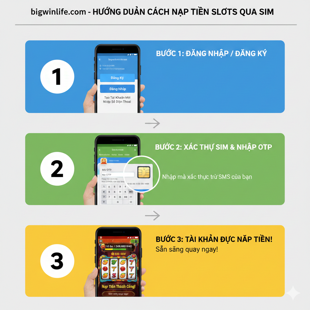 Hình ảnh hướng dẫn sử dụng phong cách Infographic, trình bày rõ ràng 5 bước đơn giản. Sử dụng 5 vòng tròn hoặc ô vuông được đánh số, mỗi ô chứa một biểu tượng đơn giản đại diện cho bước: 1. Đăng Nhập (Biểu tượng người chơi), 2. Chọn SIM (Biểu tượng SIM card), 3. Nhập Số Tiền (Biểu tượng tiền tệ/số đếm), 4. Xác Nhận SMS (Biểu tượng Tin nhắn/SMS), 5. Hoàn Thành (Biểu tượng chiến thắng/Cup). Sử dụng màu vàng và xanh đậm của Bigwinlife, nhấn mạnh sự đơn giản và dễ hiểu của quy trình. Các bước được nối bằng mũi tên liền mạch.