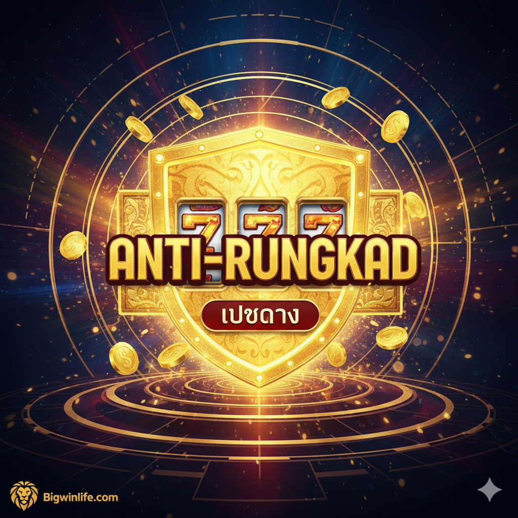 ภาพหน้าปกสไตล์กราฟิก 3D ที่น่าดึงดูดใจและมีความตื่นเต้นสูง โทนสีหลักควรเป็นสีทอง สีแดงเข้ม และสีน้ำเงินเข้ม (แสดงถึงความหรูหราและความมั่นคง) องค์ประกอบหลักคือสัญลักษณ์สล็อตแมชชีนสีทองขนาดใหญ่ที่มีแสงสว่างจ้า ตรงกลางหน้าจอแสดงข้อความ 'Anti-Rungkad' ที่มีเอฟเฟกต์ป้องกันแตกหัก (อาจจะเป็นโล่ป้องกันหรือเกราะเพชร) ล้อมรอบด้วยเหรียญทองที่ลอยอยู่ เน้นคอนเซ็ปต์ 'กันเจ๊ง' อย่างชัดเจน ควรมีโลโก้ Bigwinlife (ถ้ามี) หรือข้อความ 'เว็บตรง' ขนาดเล็กในมุมใดมุมหนึ่ง จัดวางองค์ประกอบให้ดูมีพลังและดึงดูดสายตา