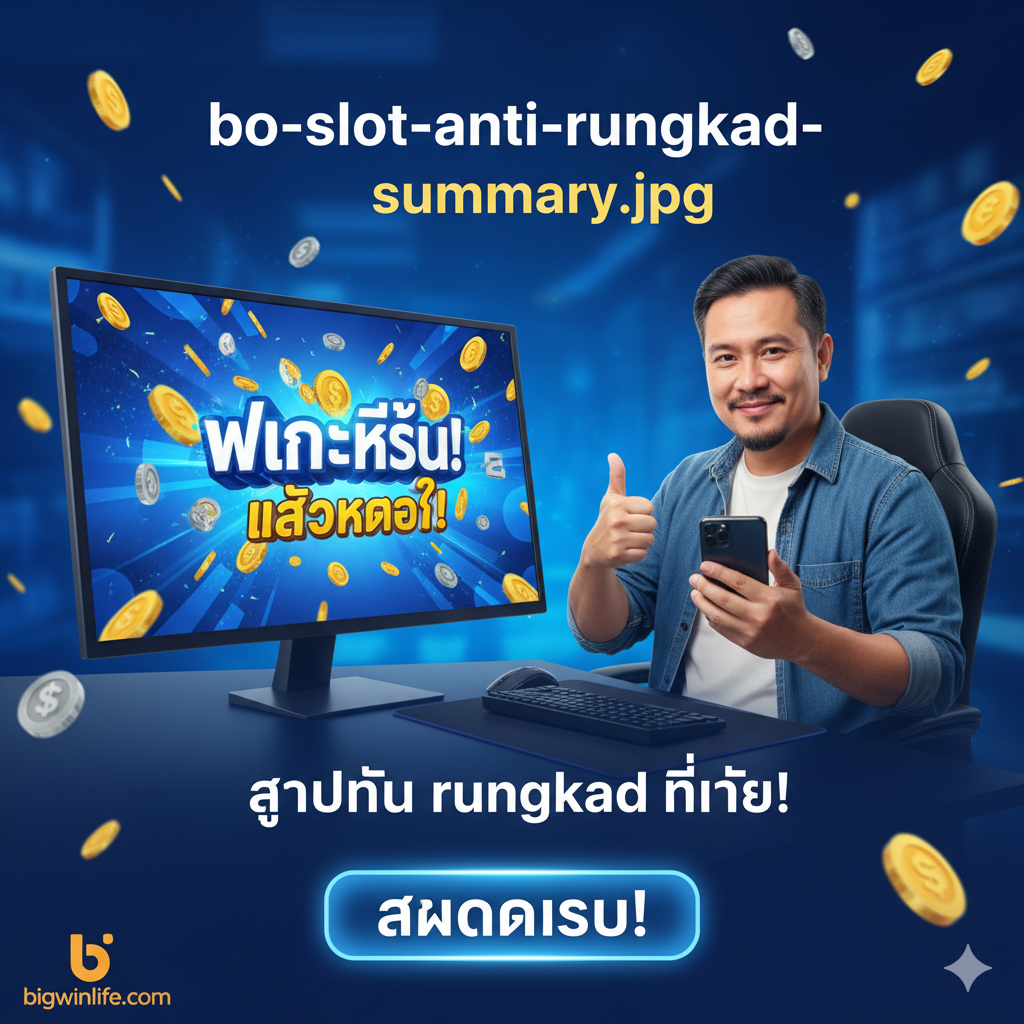 ภาพสรุปและกระตุ้นการสมัครสมาชิกด้วยความรู้สึกมั่นใจและชัยชนะ ใช้โทนสีน้ำเงินสดใสและสีขาว สื่อถึงความสำเร็จที่มาจากการเลือกที่ถูกต้อง องค์ประกอบหลักคือนักเล่นเกมที่มีรอยยิ้มมั่นใจและยกนิ้วโป้ง พร้อมกับหน้าจอคอมพิวเตอร์หรือมือถือขนาดใหญ่ที่แสดงผล 'Big Win' หรือ 'Jackpot' สื่อถึงการ 'ไม่ Rungkad' อย่างชัดเจน ด้านล่างมีปุ่ม 'สมัครเลย' ขนาดใหญ่ที่มีเอฟเฟกต์เรืองแสงเล็กน้อย ภาพรวมควรเป็นเชิงบวกและเชื้อเชิญให้ดำเนินการต่อทันที เน้นการเชื่อมโยงระหว่างการสมัครกับความสำเร็จในการเล่นสล็อต