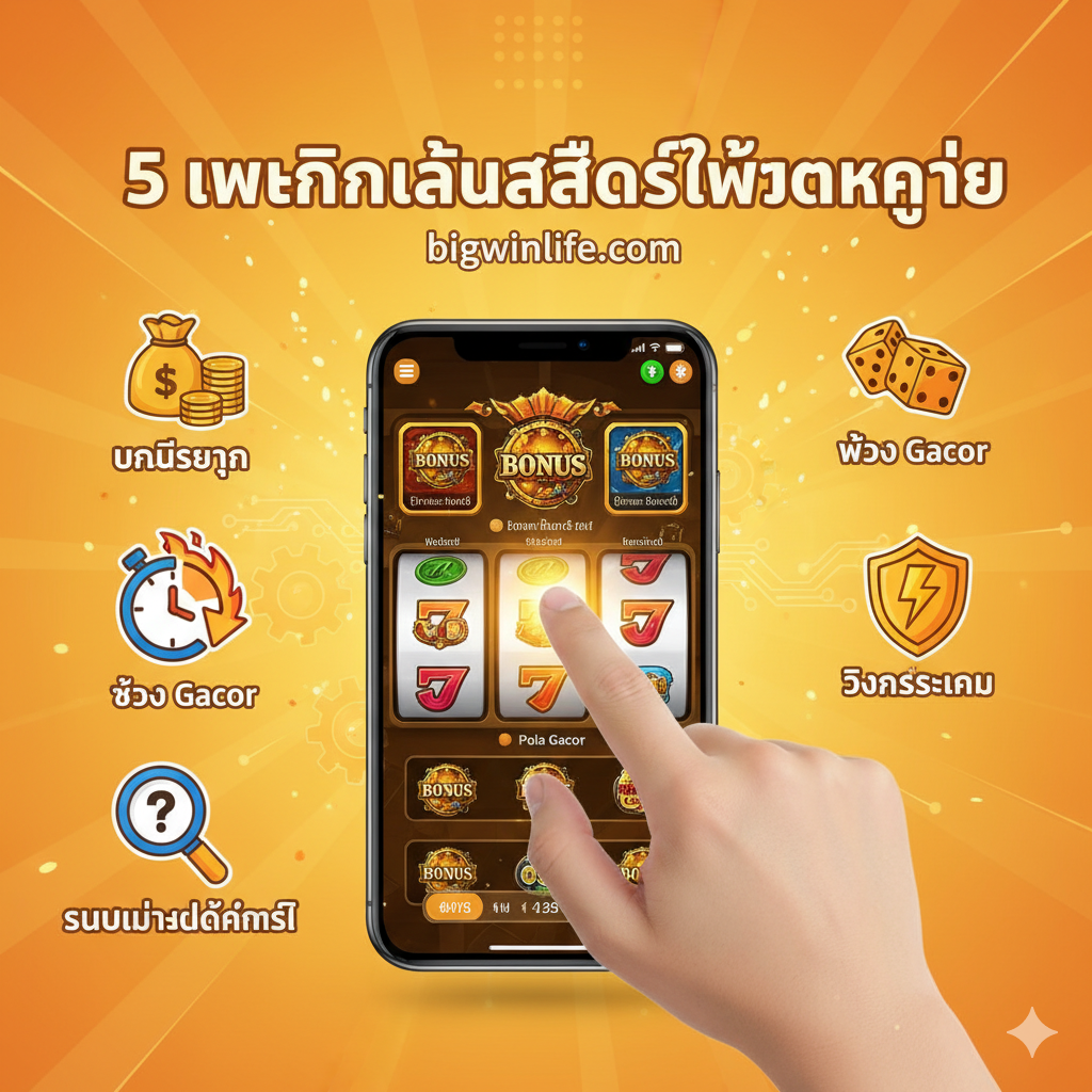 ภาพสำหรับ '5 เทคนิคเล่นสล็อตให้แตกง่าย' แสดงภาพขั้นตอนหรือเทคนิคการเล่น โทนสีส้มและเหลืองเพื่อสื่อถึงคำแนะนำและความสำเร็จ องค์ประกอบหลักคือมือที่กำลังคลิกหรือสัมผัสหน้าจอมือถือ/แท็บเล็ตที่แสดงหน้าจอเกมสล็อต (สมมติว่าเป็นเกมของ Pragmatic Play หรือ PG Soft) พร้อมไอคอนเล็กๆ 5 ไอคอนล้อมรอบมือ (เช่น ไอคอนกระเป๋าเงินสำหรับบริหารทุน, ไอคอนนาฬิกาสำหรับช่วง Gacor, ไอคอนลูกเต๋าสำหรับ Pola Gacor) การจัดวางควรดูมีชีวิตชีวา สื่อถึงการวางแผนและการใช้กลยุทธ์อย่างชาญฉลาด