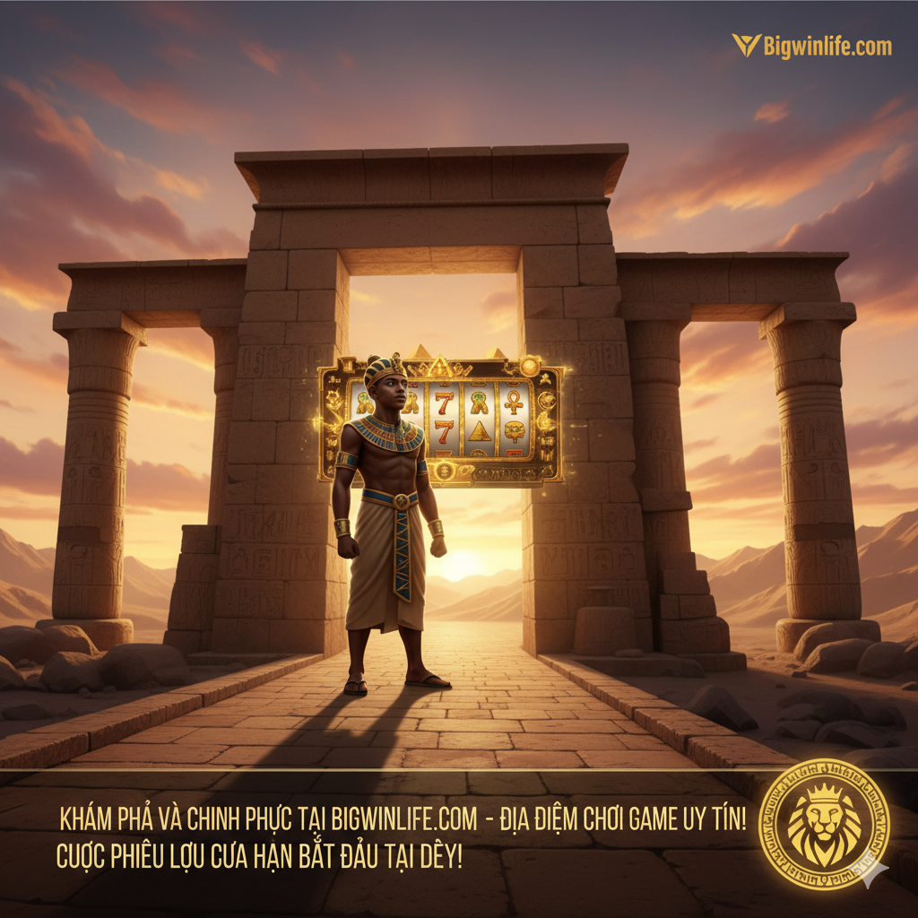 Ảnh kết luận (Summary/CTA) thúc đẩy người dùng hành động. Hình ảnh tổng hợp một lần nữa vẻ đẹp của 'boyking slot background' nhưng có thêm yếu tố kêu gọi hành động cho bigwinlife.com. Góc nhìn là Boy King (Pharaon trẻ tuổi) uy nghi đứng trước cổng đền cổ dưới ánh bình minh/hoàng hôn. Phía dưới hoặc góc ảnh có thể chèn mờ một logo/biểu tượng đại diện cho 'Bigwinlife.com' (Không phải logo thật, chỉ là một biểu tượng gợi ý về game/casino uy tín). Màu sắc ấm áp, bố cục mở, truyền tải thông điệp về sự phiêu lưu, khám phá và địa điểm chơi game an toàn, uy tín (Bigwinlife.com).