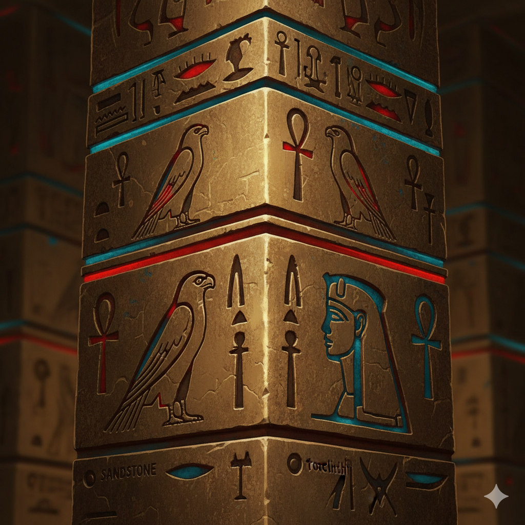 Ảnh minh họa cho phần 'Phân Tích Chuyên Sâu: Điều Gì Tạo Nên Background Hấp Dẫn' và 'Bảng Màu'. Hình ảnh trừu tượng và chuyên môn hơn, thể hiện bảng màu (Color Palette) chính của Boy King Slot. Bố cục có thể là một phần chi tiết (detail) của background: một góc cột đá Ai Cập khắc họa các biểu tượng và hieroglyphics. Màu sắc phải nổi bật: Vàng đồng (Cát) chiếm ưu thế, kết hợp với các điểm nhấn màu Xanh Ngọc (Lapislazuli) và Đỏ Son (Đuốc). Ảnh này nhấn mạnh vào yếu tố nghệ thuật, kỹ thuật màu sắc và độ sắc nét chi tiết của đồ họa game, làm nổi bật lợi thế thiết kế.