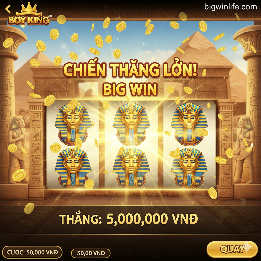 Ảnh minh họa cho phần 'Hướng dẫn Tham Gia và Trúng Thưởng Lớn' (Tutorial/Gameplay). Hình ảnh mô phỏng giao diện chơi trên màn hình máy tính hoặc điện thoại (giao diện Mobile). Cần có hình ảnh một bàn quay (slot machine) đang hoạt động, hiển thị một tổ hợp chiến thắng lớn (Big Win hoặc Jackpot), với hiệu ứng ánh sáng vàng rực rỡ và các đồng xu vàng đang rơi ra. Background phía sau là một phần nhỏ của hình nền Boy King Slot (Kim tự tháp hoặc cổng đền), để giữ bối cảnh. Bố cục trực quan, tập trung vào hành động, mang lại cảm giác dễ chơi và dễ thắng lớn.
