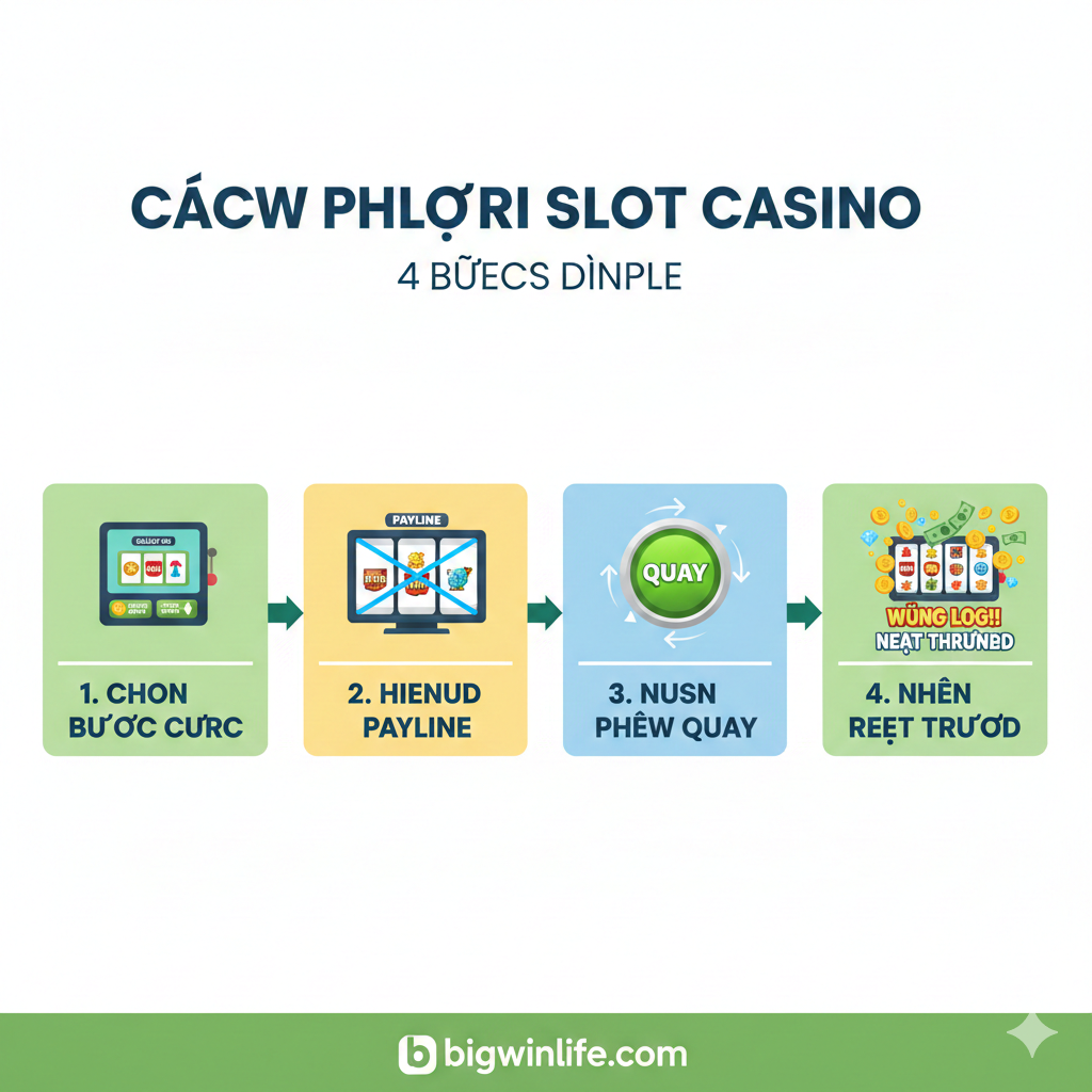 Hình ảnh hướng dẫn 5 bước chơi Slot cơ bản. Bố cục infographic tuyến tính hoặc dạng 5 ô vuông đánh số từ 1 đến 5. Mỗi ô minh họa một bước: 1. Chọn máy Slot, 2. Đặt cược (hiển thị nút 'Bet' hoặc 'Coin Value'), 3. Kiểm tra Paytable (hiển thị một bảng nhỏ), 4. Nhấn nút SPIN (nút lớn, nổi bật), 5. Rút tiền/Tiền thưởng (hiển thị đồng xu rơi vào tài khoản). Màu sắc tươi sáng, sử dụng biểu tượng icon đơn giản cho mỗi bước. Tổng thể hình ảnh cần truyền tải sự dễ dàng và tuần tự của quy trình chơi Slot Online.