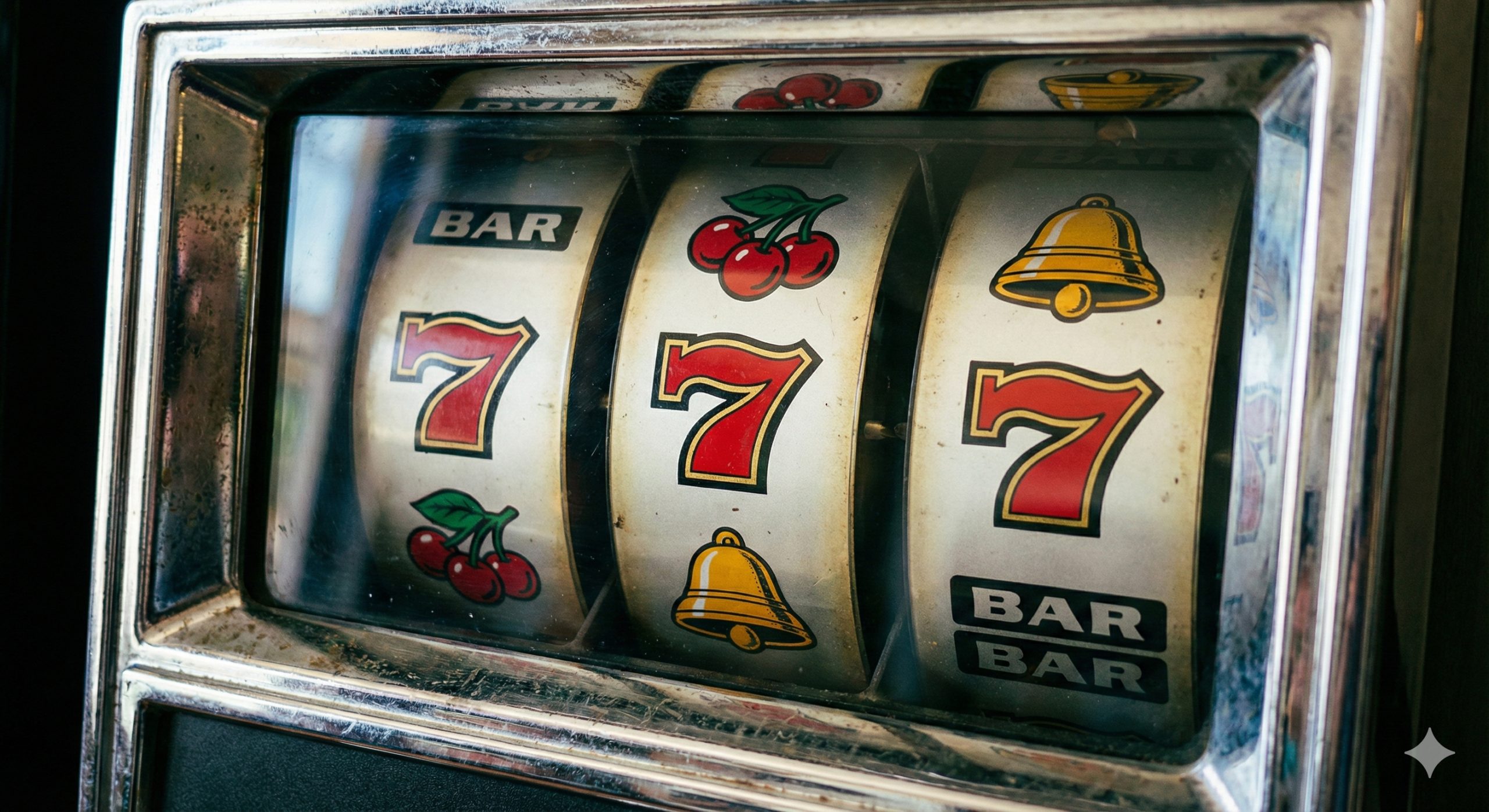 Ảnh chụp cận cảnh cực thực tế ba cuộn quay (reels) của máy đánh bạc cổ điển với các biểu tượng Lucky 7, quả anh đào, chuông và chữ BAR. Khung kim loại sáng bóng phản chiếu vẻ đẹp cơ học, màu sắc rực rỡ, làm nổi bật sự khác biệt với các loại slot game 3D hiện đại.