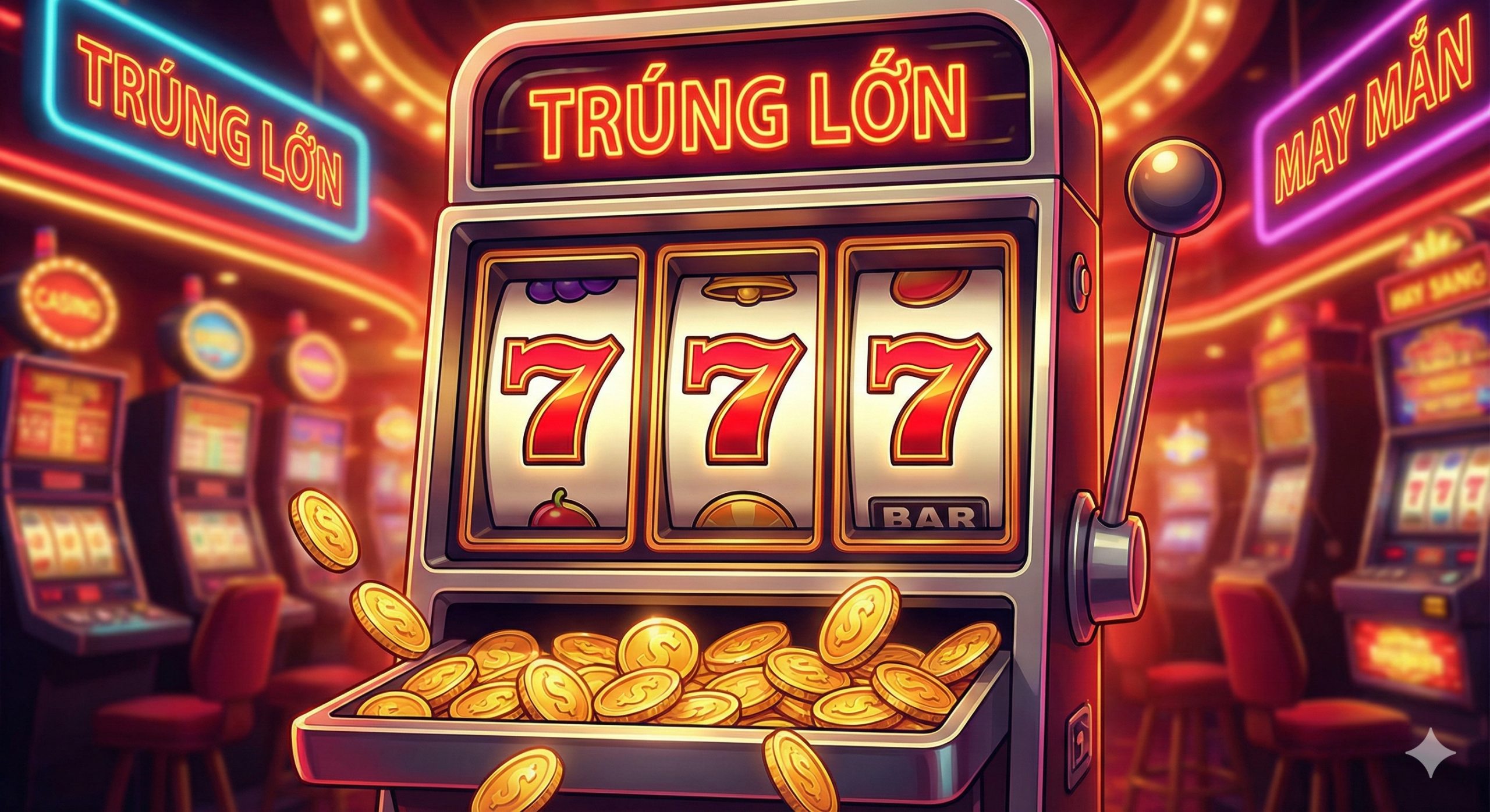 A vibrant, retro-styled digital art piece depicting a classic 'One-armed bandit' slot machine in a glamorous casino setting. The machine clearly displays a winning '777' combination on its three reels. The scene is illuminated by neon lights in red and gold, reminiscent of 1990s Las Vegas. Gold coins are overflowing from the tray, symbolizing the excitement of a big win at Bigwinlife. The atmosphere is nostalgic yet high-quality and inviting.
